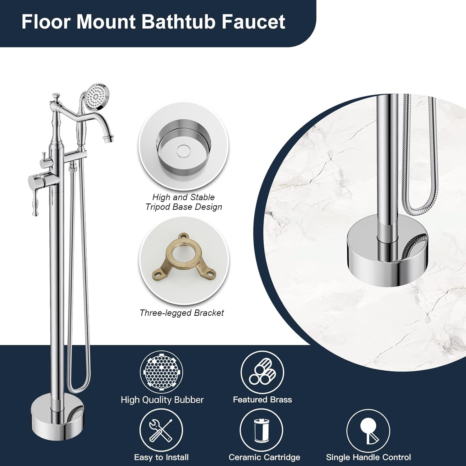 Polished Chrome Bathtub Faucet Freestanding Tub Filler High Pressure Single Handle Bathtub Filler Floor Mounted Brass Bathroom Tub Faucets with Handheld Shower