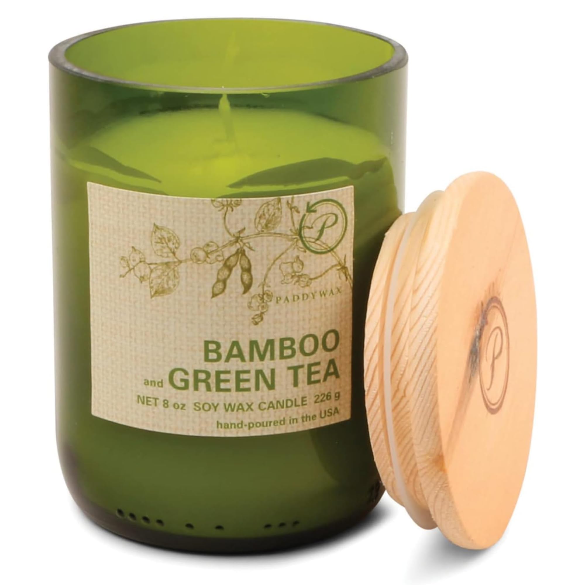 Sponsored Ad - Eco Collection Soy Wax Blend Candle in Glass Jar, Bamboo & Green Tea Scent, Green Vessel with Wood Lid, 8 oz