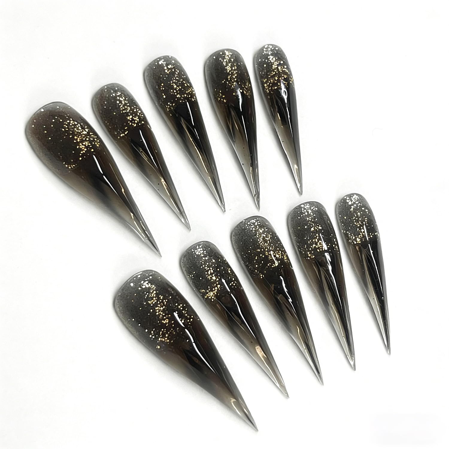 10 Pcs Glitter Handmade Press on Nails Transparent Black Long Dragon Claw Handmade Fake Nails Muti-Layer Gel Luxury False Nails Reusable Acrylic Handmade Nail for Women Girls (Size S)