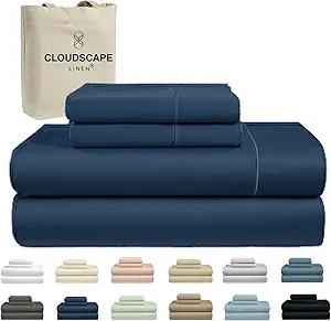 Cloud Scape Linen 100% Egyptian Cotton 4 Pcs California King Sheet Set, 1000 Thread Count,Hotel Quality, Silky Soft, Breathable, Durable, Deep Pockets up to 17, Dark Denim