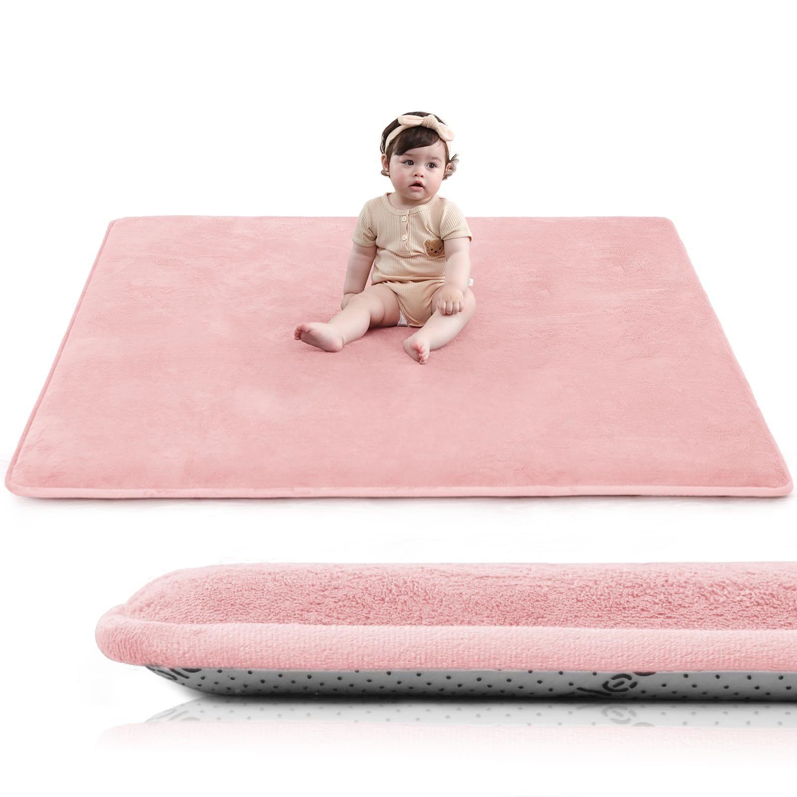 Huloo Sleep Baby Play Mat for Floor,1.3" Thick Elasti-Foam 50"×50" Playpen Mat for Tummy Time,Water Repellent Soft Coral Velvet for Toddler,Infant,Kids,Non-Slip Backing Safe for Crawling(Pink) Pink 50"×50"×1.3"