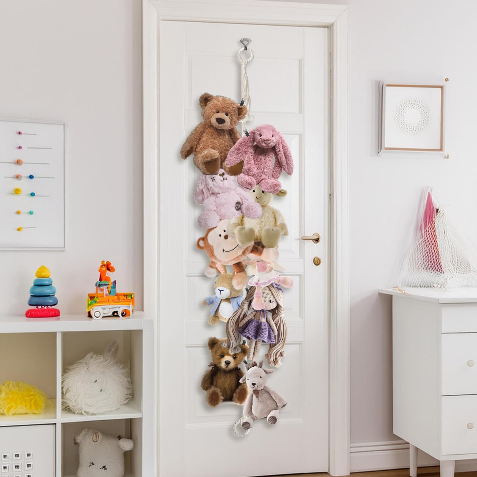 Hamac à Peluches En Corde Tressée (1,5 M) Avec 15 Pinces Métal - Rangement Suspendu Pour Jouets - Décoration Chambre D'enfant