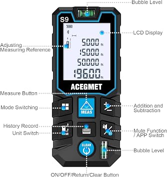 ACEGMET Laser Measure with Phone App, 229ft/70m Laser Measurement Tool with 2 Bubble Levels, LCD Backlit Display, IP54 Waterproof, Pythagorean Mode for Distance, Area, Volume