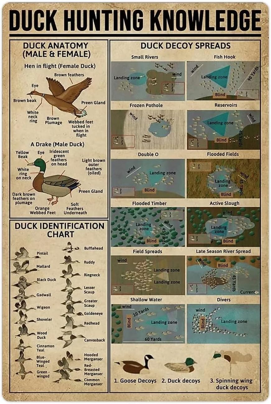 rayprint Duck Hunting Knowledge Metal Tin Signs Duck Infographic Posters Farmer's Guide Restaurant Plaque Home Farmhouse Farm Wall Decor 12x16inch