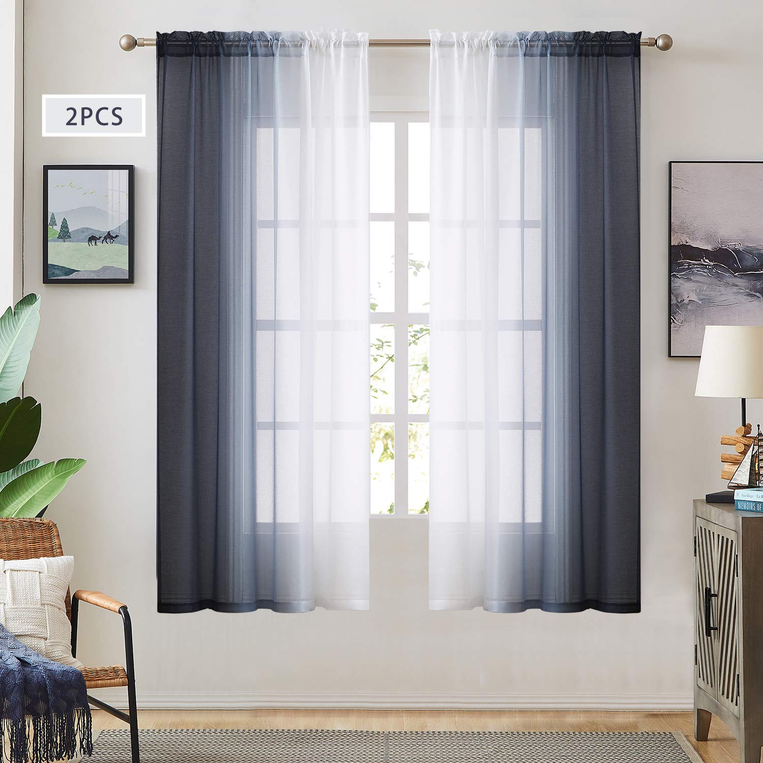 Cortinas traslúcidas de Lino sintético Color Gris Oscuro Degradado para Dormitorio, Sala de Estar, Bolsillo para Barra, Cortinas Reversibles de Gasa degradada, privacidad y Filtro de luz, Juego de 2