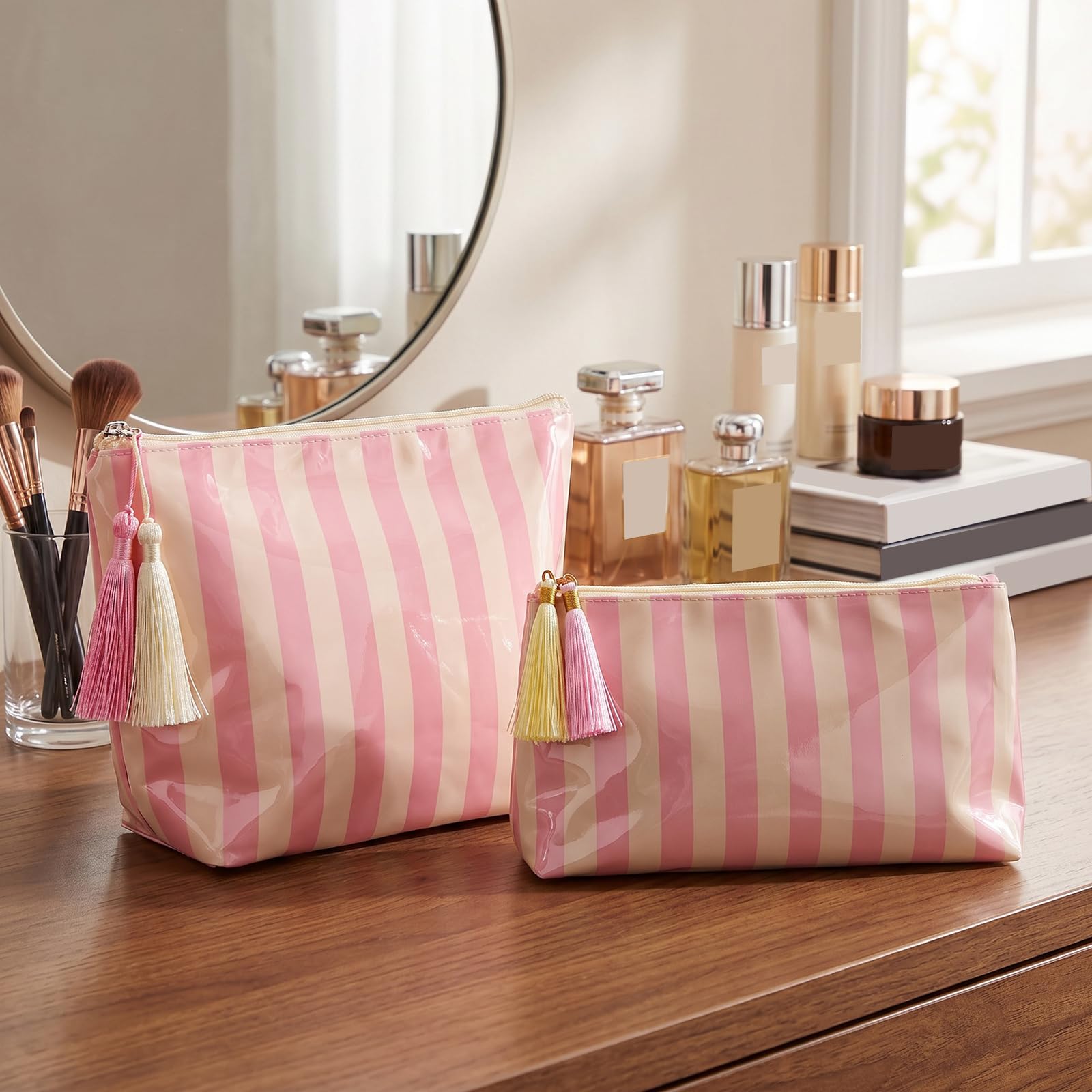 Pack de 2 bolsas de maquillaje de PVC a rayas, impermeables