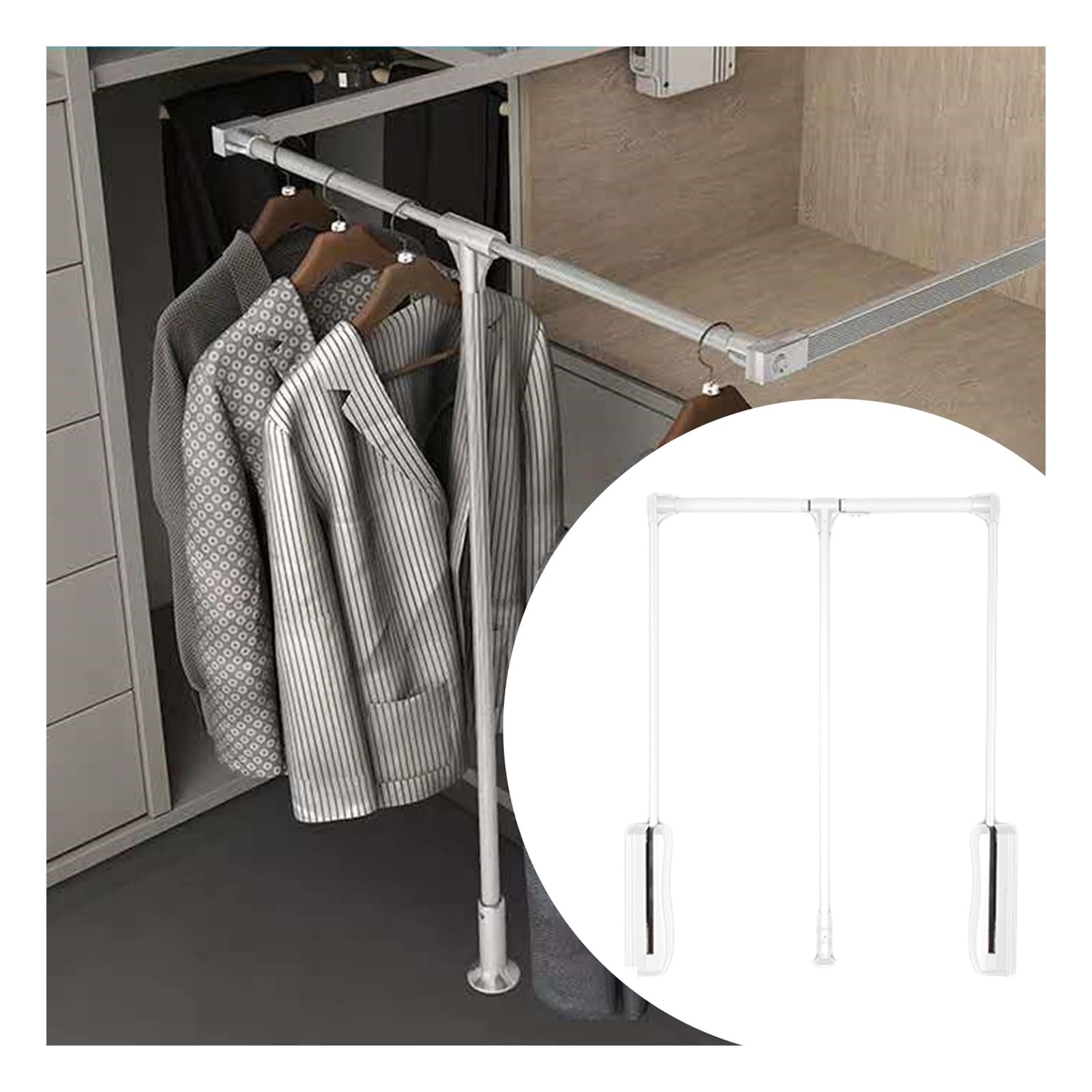HTTGDGDH Adjustable Pull Down Closet Rod, Heavy Duty Pneumatic Lift Wardrobe Rail, 15Kg Load Capacity, Space-Saving Clothes Hanger, Fits 40-45Cm Closets,
