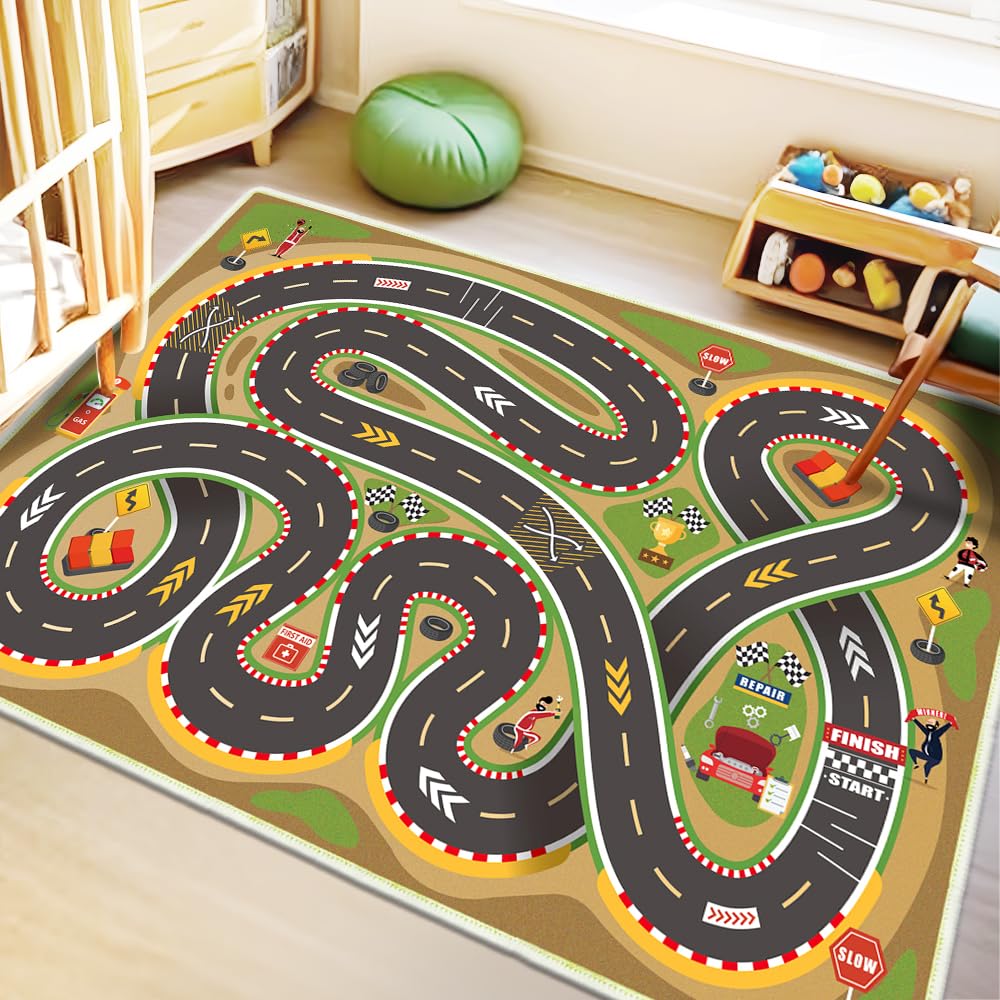 Xuzrdaa Kids Carpet Car Rug Play Mat, Car Rugs for Kids Toy Cars, Road Rug for Kids City Map for Bedroom Classroom (Yellow Car Rug, 2'7