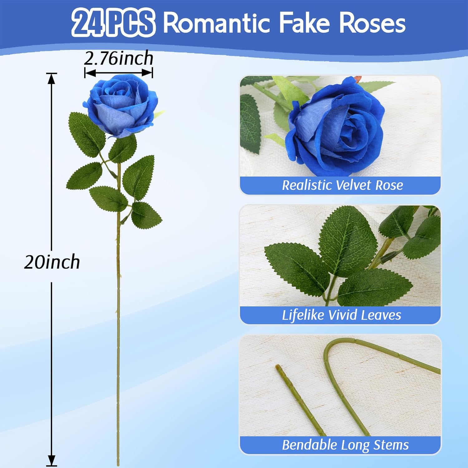Roses Artificial Flowers, Fake Velvet Silk Roses with Stems for Indoor Outdoor Decor, Realistic Roses in Bulk for Wedding Centerpiece Party, Valentines Birthday (24,Blue) - Image 2