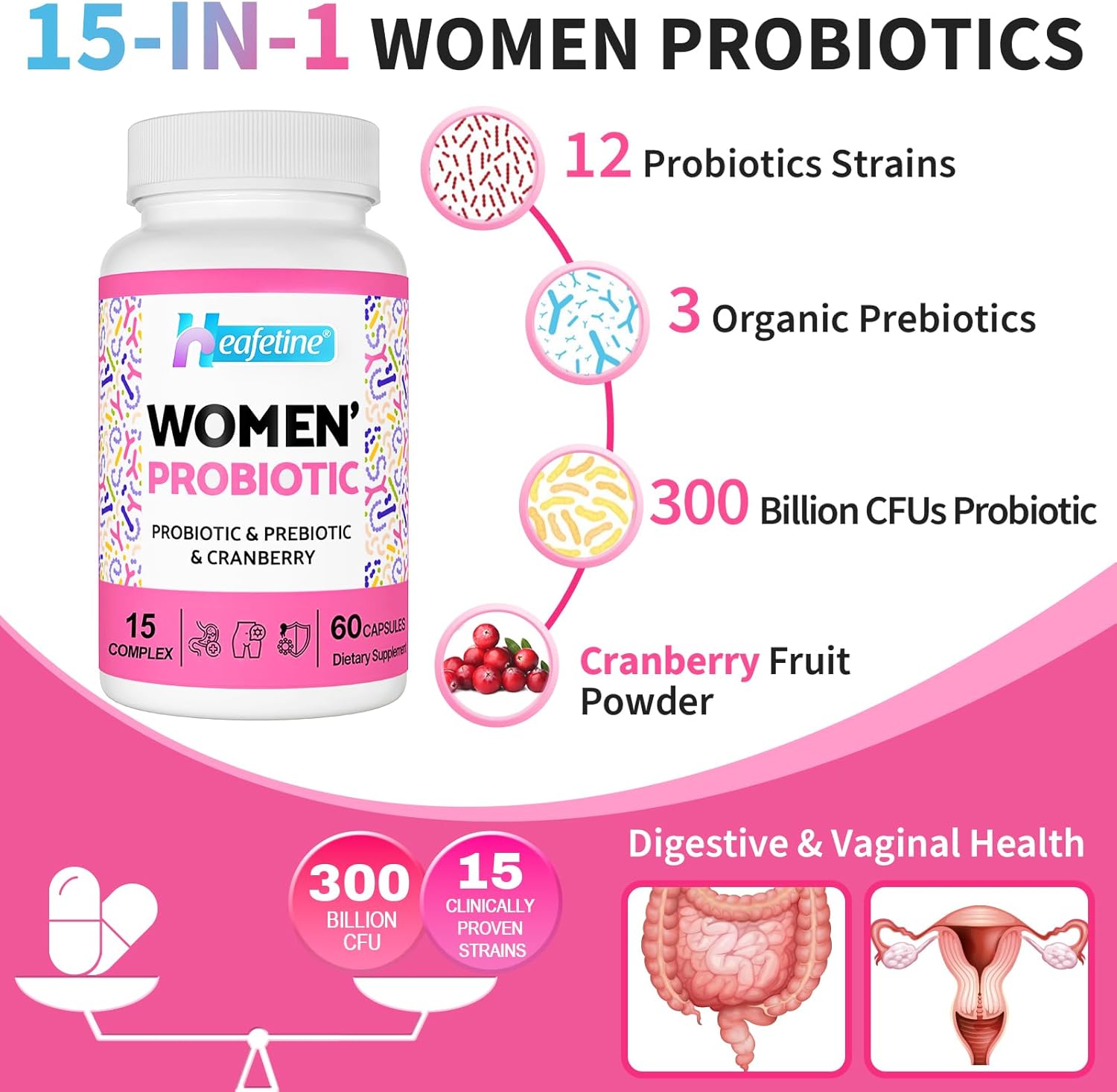 Vaginal Probiotics for Women, 300 Billion CFUs Probiotics for Women, 15-in-1 Womens Probiotic & Prebiotics, for Vaginal, Urinary Tract, PH Balance, Immune, Digestive & Gut, Bloating Health, 60 Caps