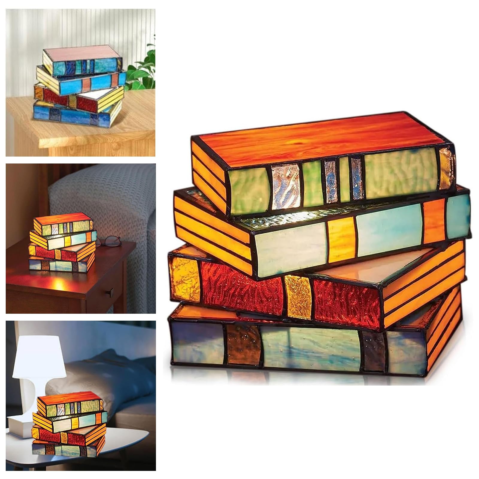 Stained Glass Lamp, Stained Glass Nightstand Lamp, Handcrafted Glass Nightstand Desk Book Lamp Stained Glass Lamps, Stacked Books Lamp Glass Lamp, Reading Lighting Vintage Lamp Book Decoration (1PCS)