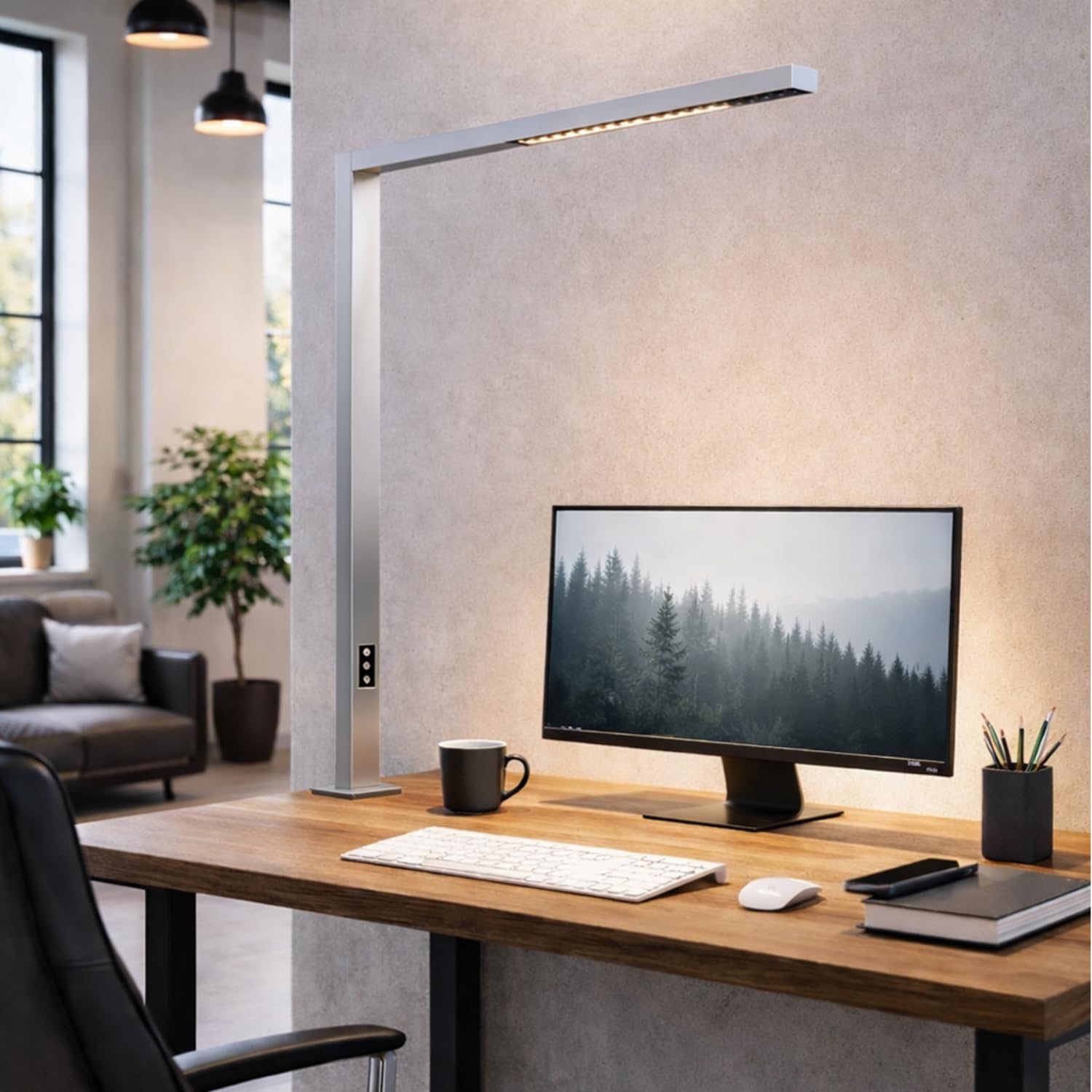 NCC-Licht LED Schreibtischlampe Anbauleuchte Linus Silber 80W Up & Down 9600 Lumen, neutralweißes & blendfreies Licht, stufenlos dimmbar, mit Bewegungsmelder & Tageslichtsensor