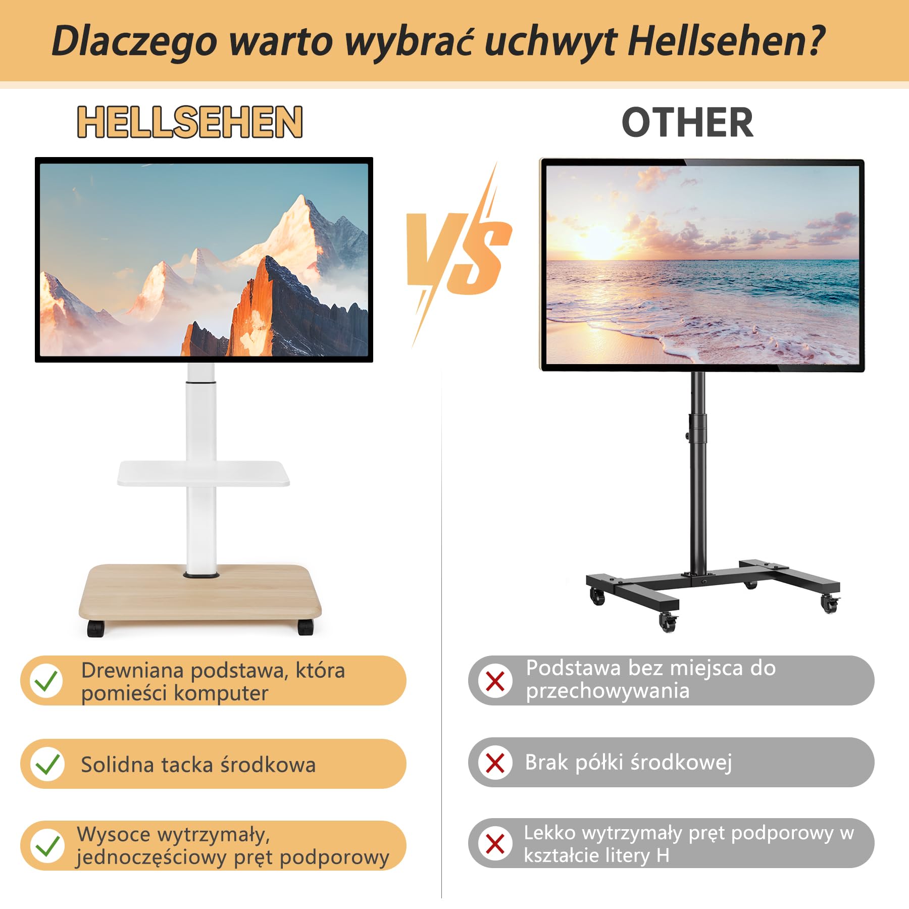 Hellsehen Stojak na telewizor na kółkach 32–70 cali, płaskie, zakrzywione ekrany LED LCD OLED o wadze do 45 kg, z regulacją wysokości, mobilny wózek na telewizor z zamykanymi kółkami i półką na