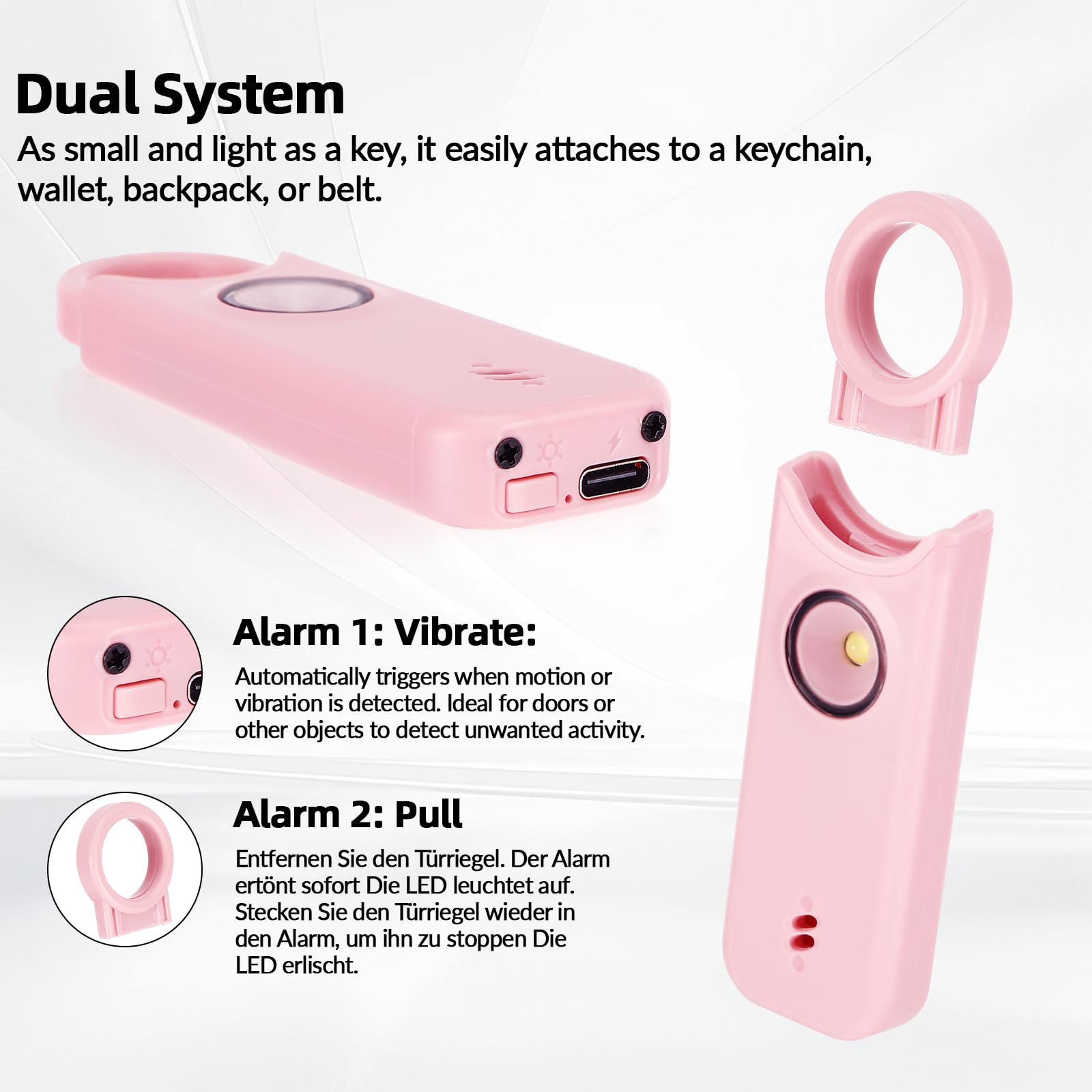 Sprifityy Alarma Personal, Alarma De Bolsillo para Mujer, con Sirena de 130 dB y luz de Señalización LED, Llavero Recargable USB Tipo-C para Mujeres, Niños/Mujeres/Ancianos (Rosa)