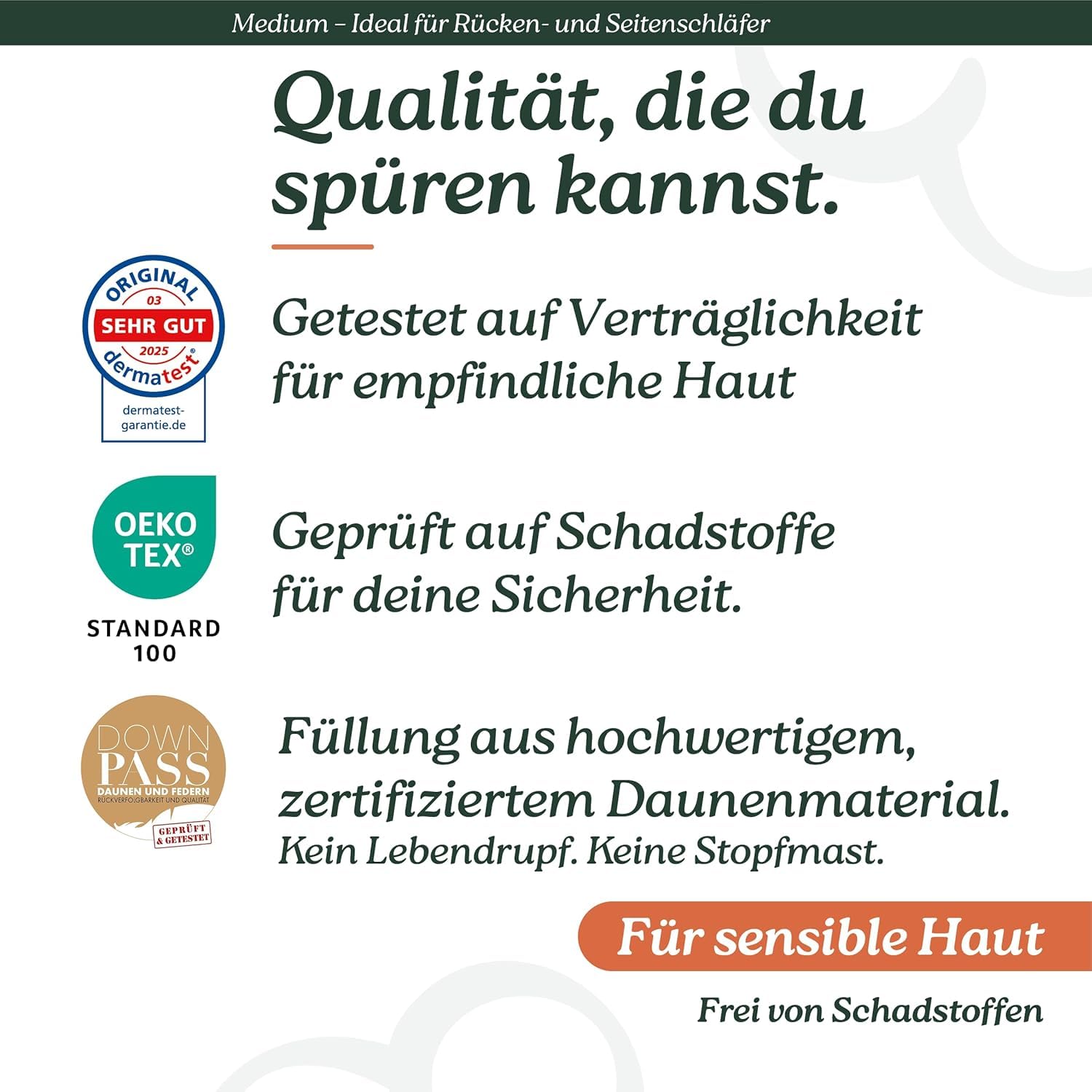 Daunenkissen 80x80 Medium, 3-Kammer Kopfkissen, Rücken- & Seitenschläfer | Rücken- & Seitenschläfer, stützend, DOWNPASS (kein Lebendrupf), Oeko-Tex, Dermatest getestet, 40°C waschbar, trocknergeeignet