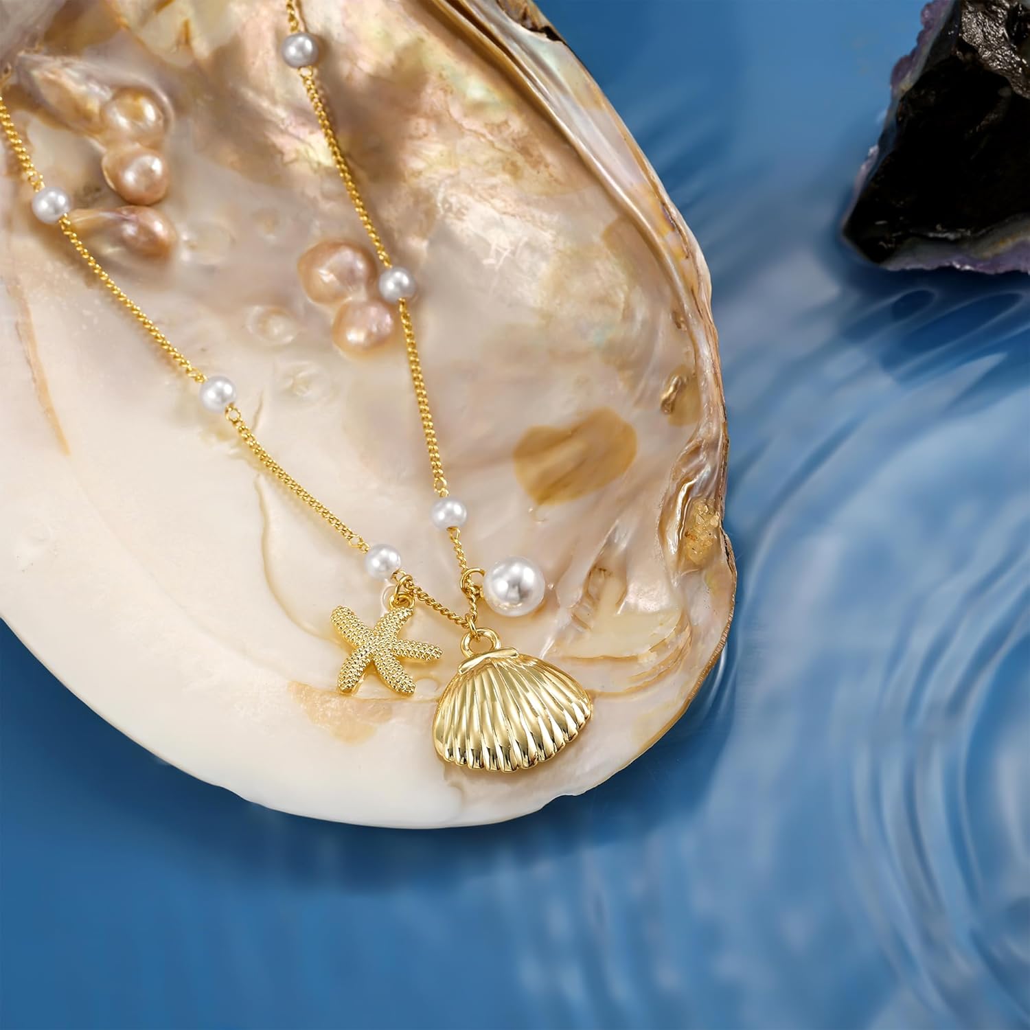 14K Gold Plated Seashell Starfish Pendant Necklace for Women Trendy, Sea Star Fish Shell Beach Necklace Ocean Coastal Summer Vacation Pearl Jewelry Accessories for Women - Image 7