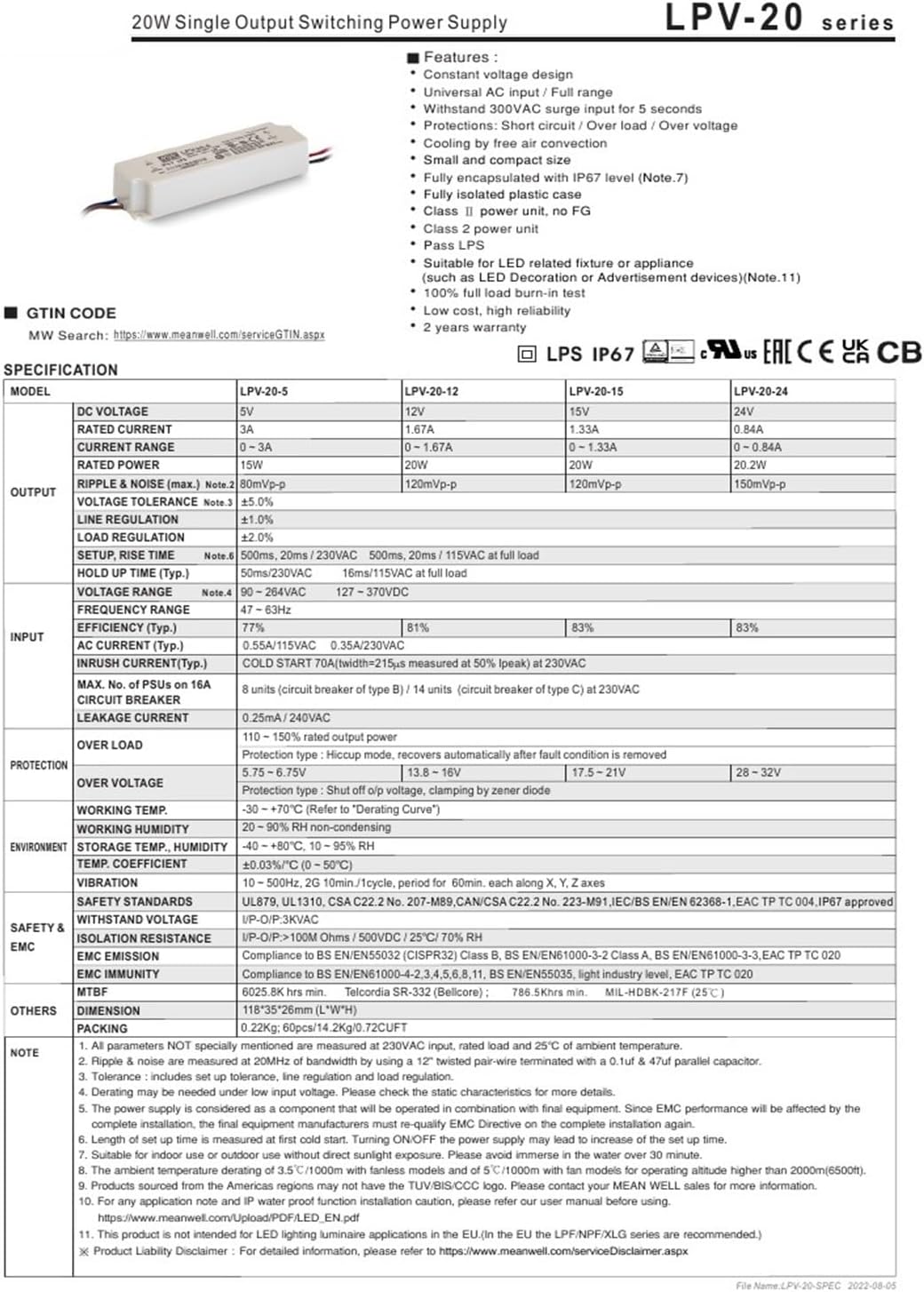 LPV-20 LPV-20-5 LPV-20-12 LPV-20-15 LPV-20-24 LPV 20 20W Switching Power Supply(LPV-20-12)