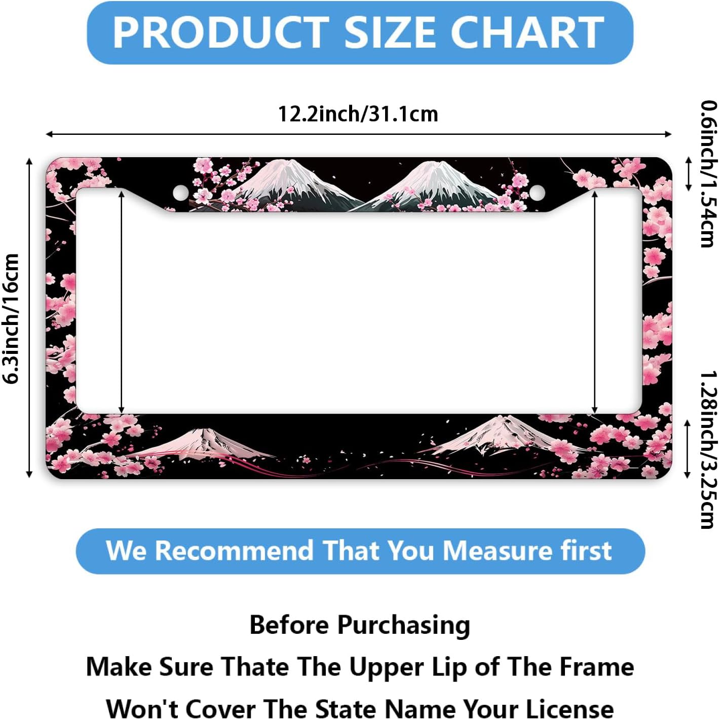Cherry Blossom License Plate Frame 2 Pack Mountain Fuji Car Front License Plate Personalise Stainless Steel Funny Design Compatible with Standard License Plate Holder for USA and Canada image 3