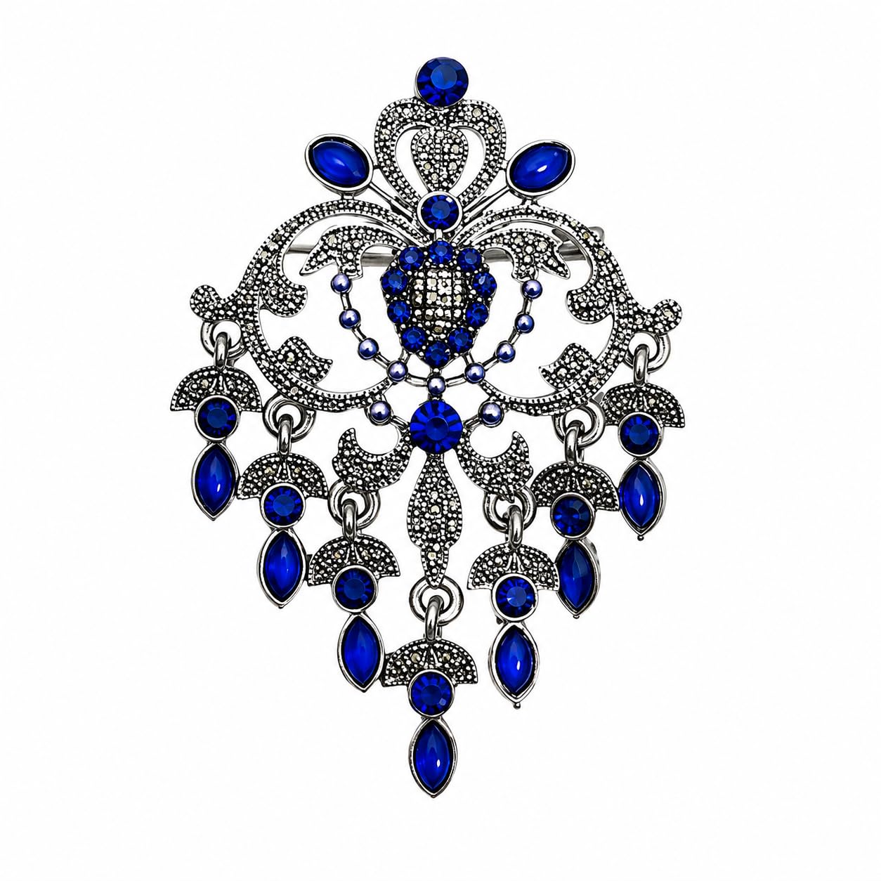 Royal Blue Sapphire Crystal Brooch for Men, Antique Silver Dangler Lapel Pin for Suit Sherwani Blazer Bandhgala Jodhpuri, Victorian Blue Stone Designer Brooch, Wedding Festive Gift for Him Her-image-9