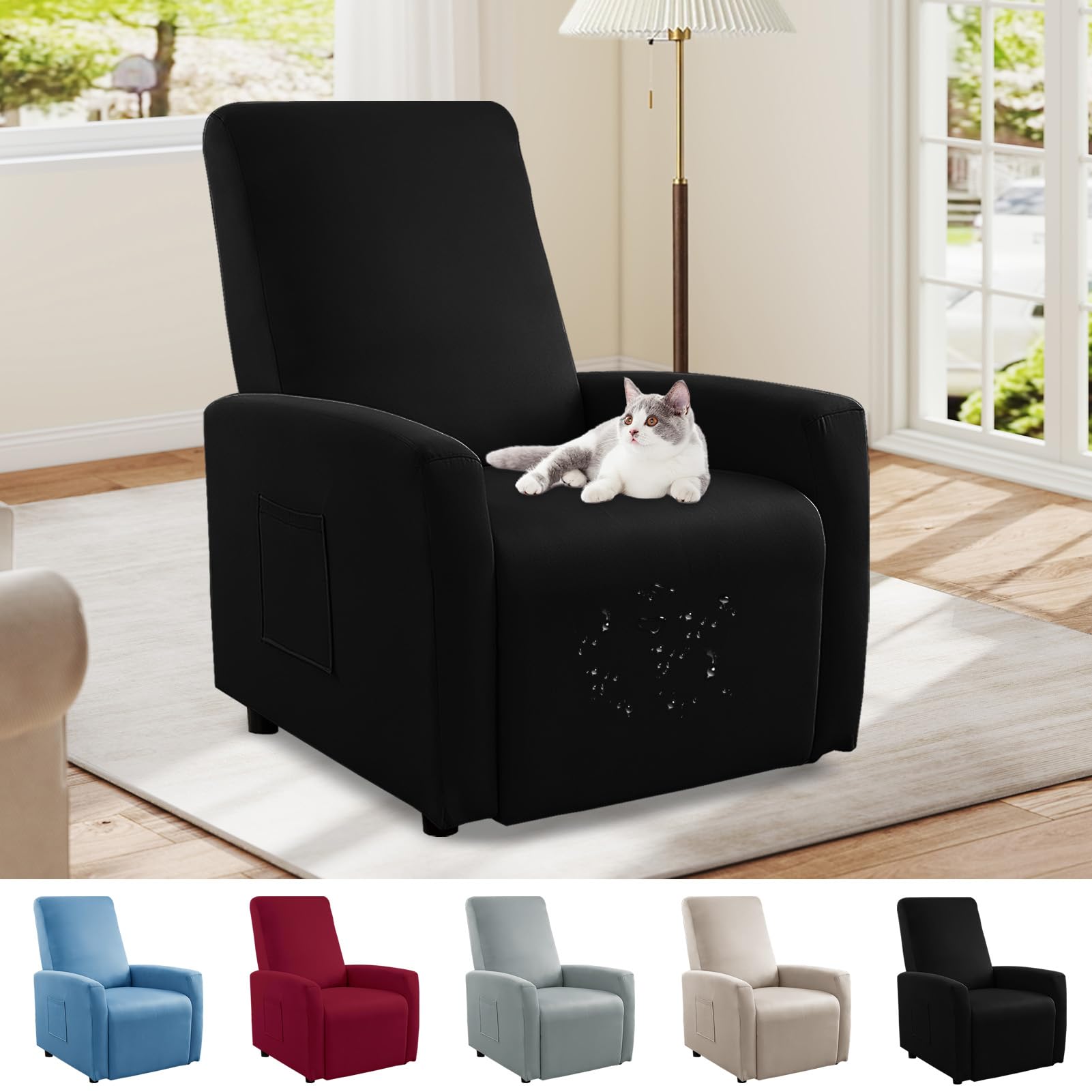 Bocguy Impermeables Fundas para Sillones Relax, Funda para Butaca Reclinable de 1 Plaza, Cubierta Elástica y Ajustable, Protector Impermeable para Sofá Individual (Negro)