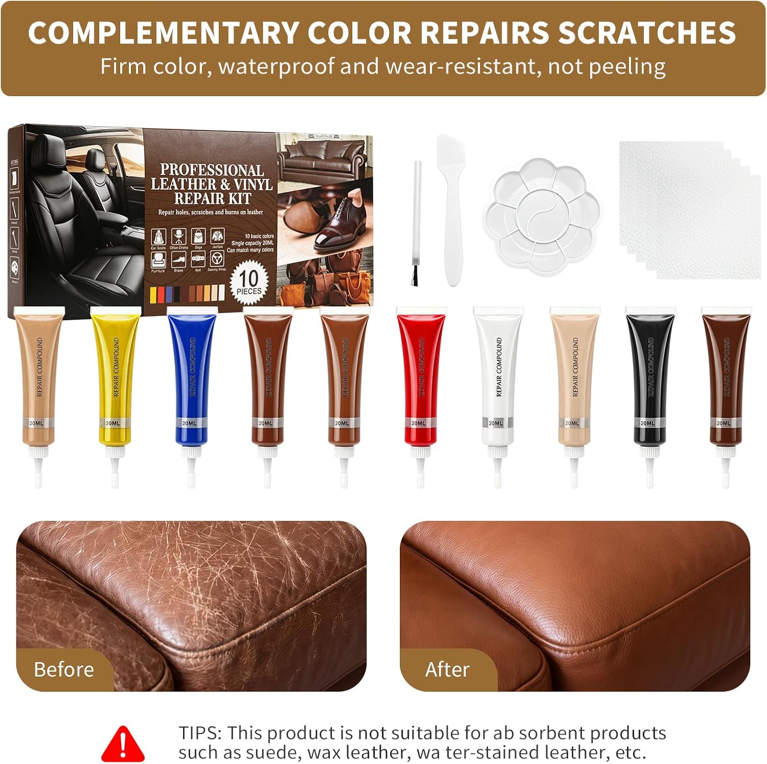 Leather Repair Kit for Furniture, Sofa, Jacket, Car Seats & Purse, 10 Color Vinyl Repair Kit with Easy Instructions to Match More Color, Restore Tears, Scratches on Genuine, Bonded Leather