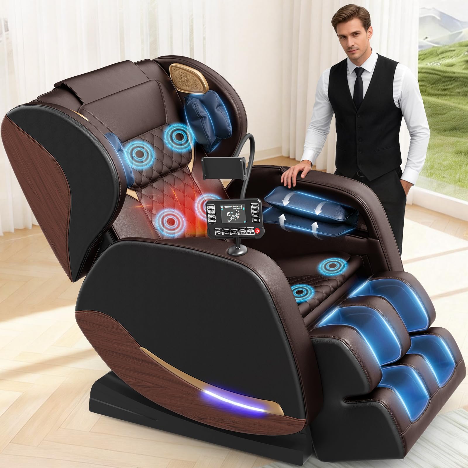 Ganzkörper Massagesessel mit Wärmefunktion,14 Ganzkörper-Massagerollen | 8 Airbags,Fußsohlenmassage, Schwerelosigkeit,Bluetooth-Lautsprecher,12 cm verstellbare Fußstütze,Touchscreen-Controller