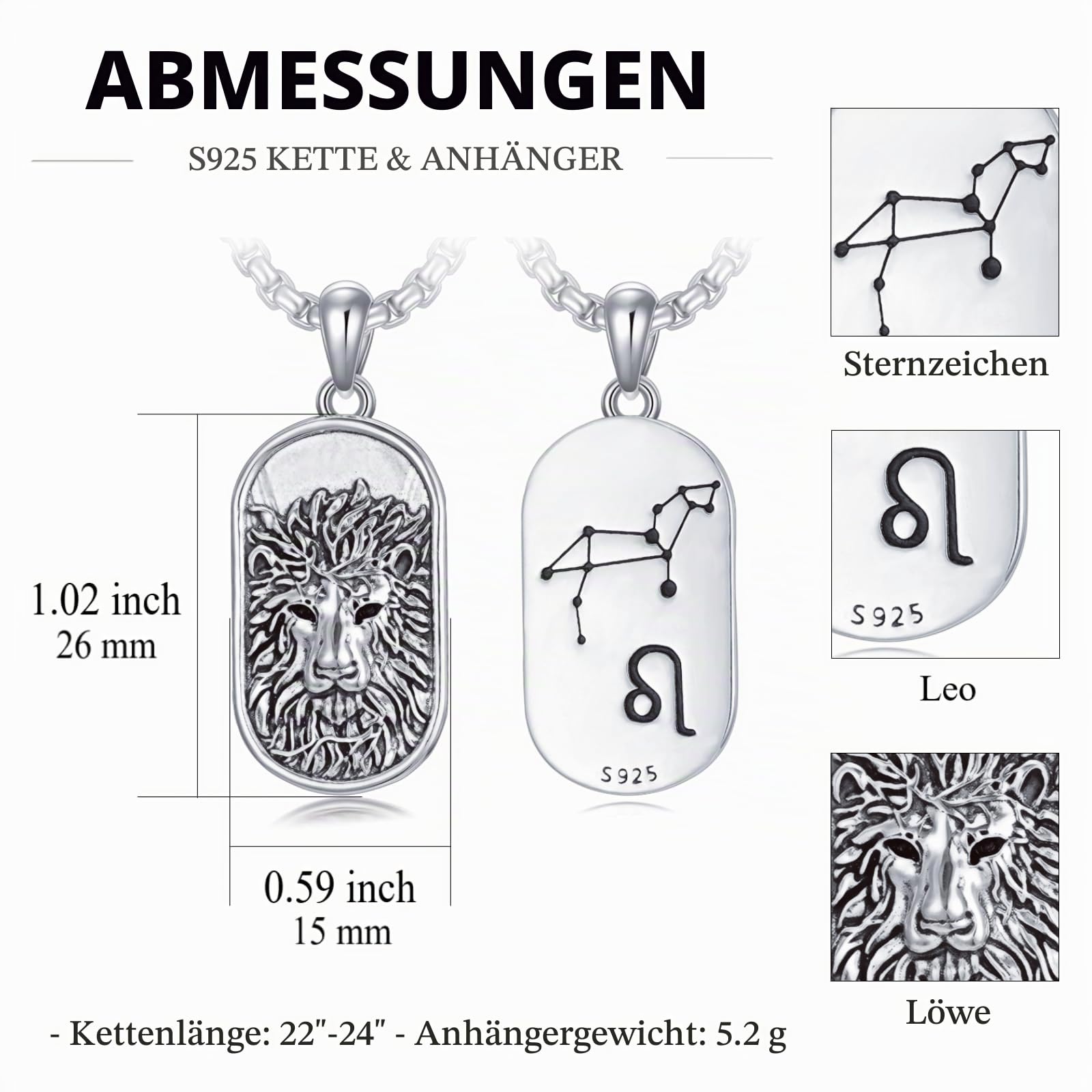 Sternzeichen Löwe Halskette für Herren Damen 925 Sterling Silber Leo Sternbilder Horoskop Anhänger Kette Schmuck Geschenke für Männer Frauen