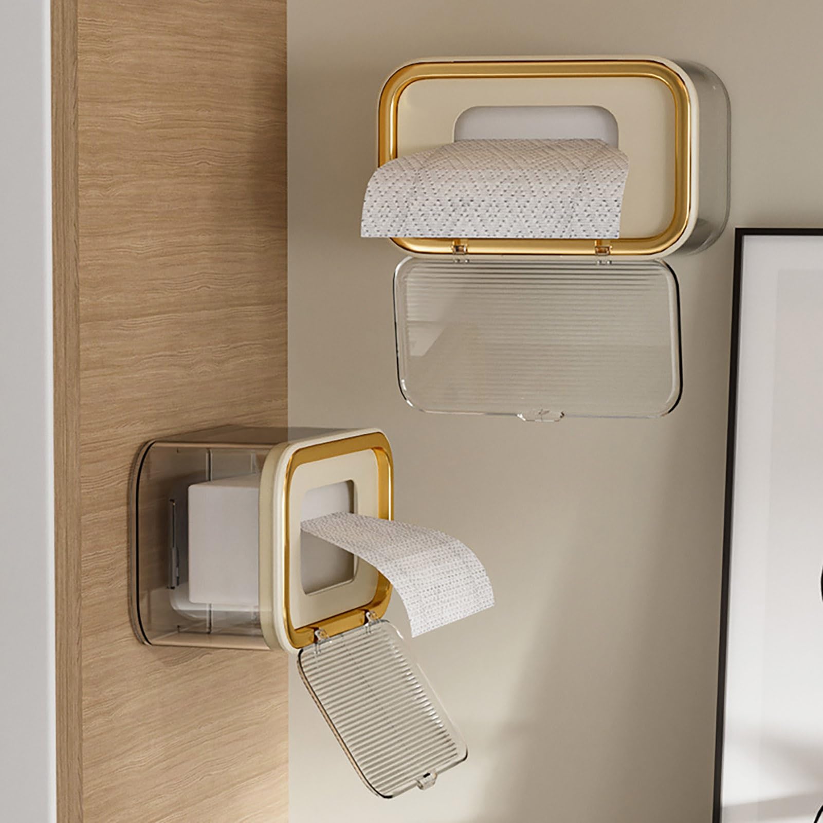 Dispensador de toallitas húmedas de gran capacidad montado en la pared, contenedor de toallitas recargable, caja de pañuelos multifuncional, soporte para toallitas para baño, dorado y blanco