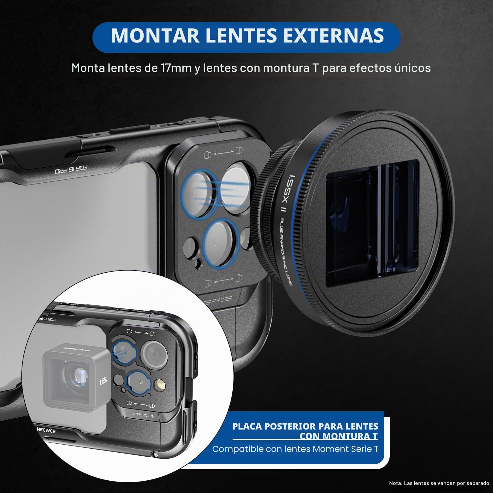 NEEWER 16 Pro Cage, estabilizador Video de teléfono Compatible con iPhone 16 Pro con Adaptador Filtro 67mm, Backplate de Lente 17 mm, Adaptador Objetivo de Montura T Compatible con Moment, PA073