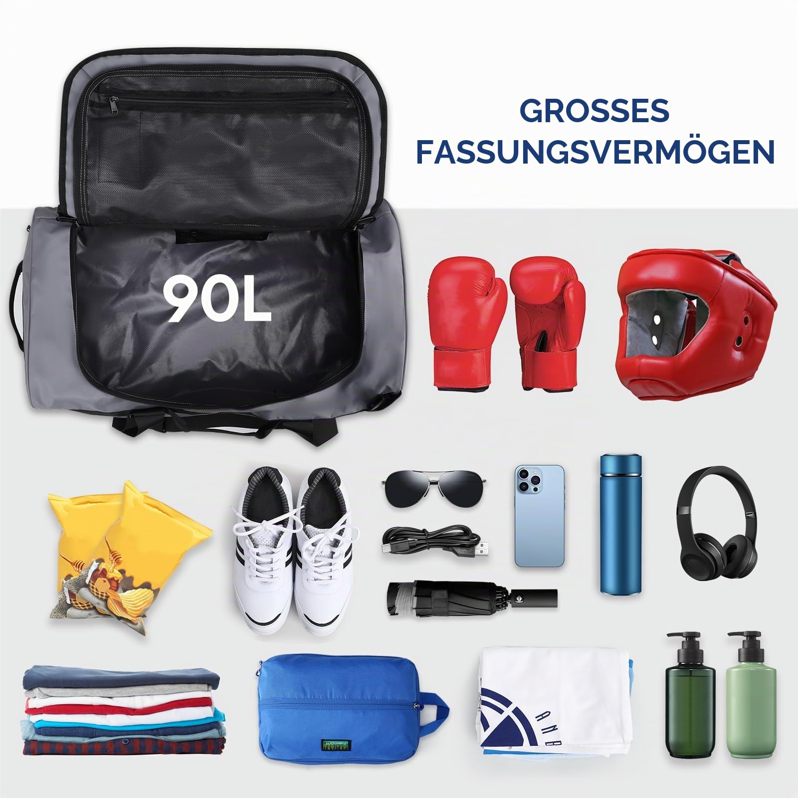 Haimont Reisetasche Sporttasche mit robusten Reisetaschen für Männer und Frauen, Camping mit umwandelbaren gepolsterten Rucksackträgern, Overnight, Wasserdicht, 90L, Grau