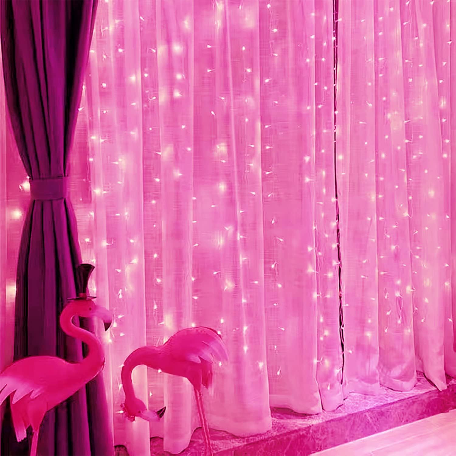 JMEXSUSS Remote Control 300 LED Pink Curtain Lights, 8 Modes Curtain String Lights Plug in, Window Curtain Pink Lights for Bedroom Wall Wedding Party Backdrop Indoor Outdoor Decorations(9.8x9.8Ft)