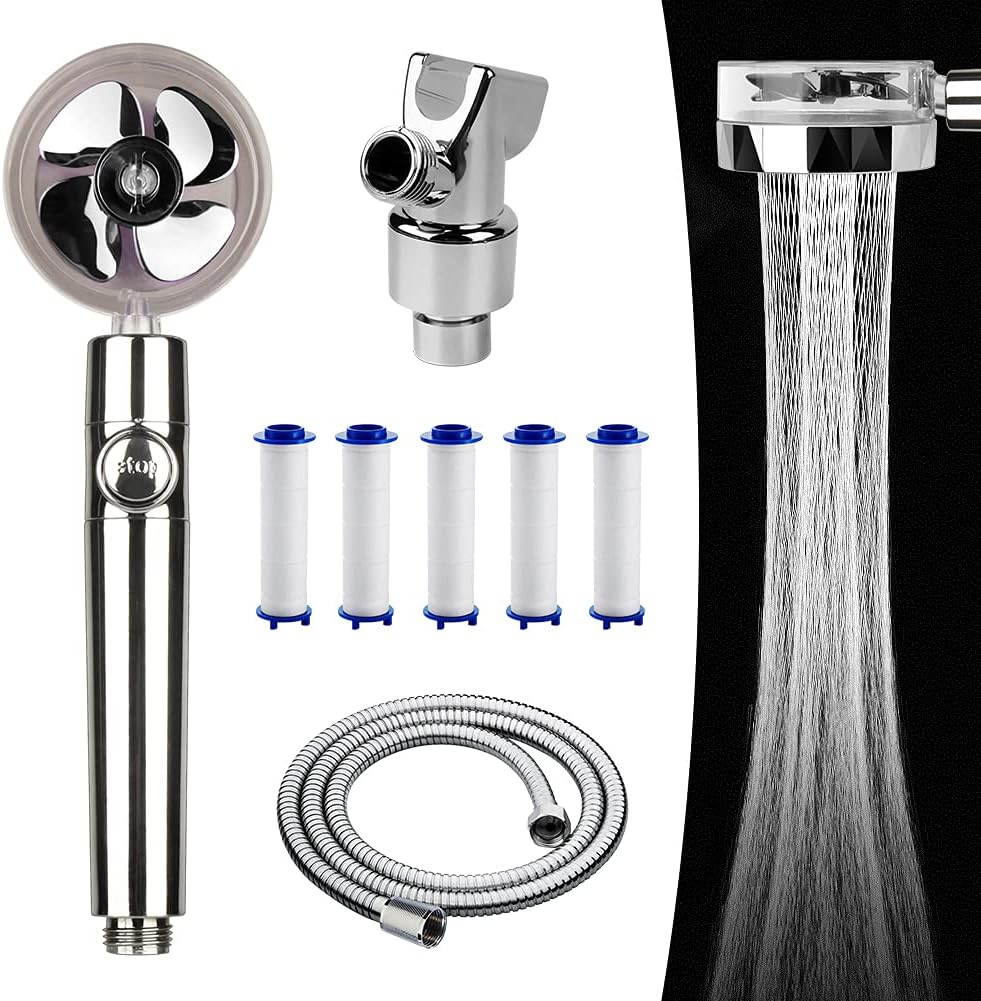 High Pressure Fan Water Saving Shower Heads, Adjustable Water Pressure with Filter and Pause Switch, Easy Install Handheld Turbocharged Shower Head 360 Degrees Rotating (Silver)