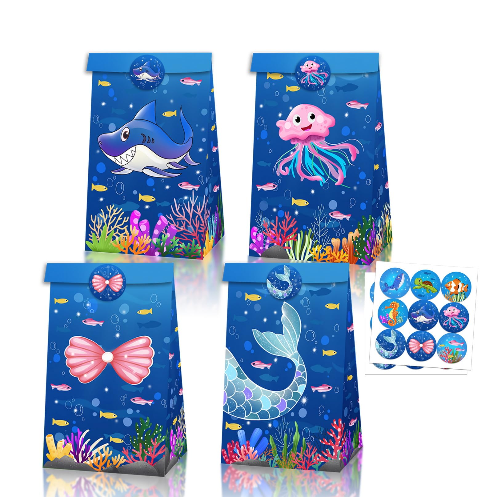 COSFAN 12 Pack Sea Animals Party Bags,Blue Ocean Theme Goodie Candy Bags,Marine Creature Fish Shark Turtle Seahorse Goodie Bags for for Kids Birthday Baby Shower (Style 2)