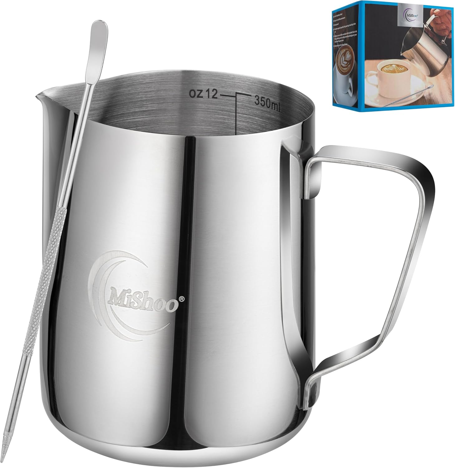MiShoo® Milk Frothing Pitcher 12oz – 304 Stainless Steel Milk Frother Cup for Espresso, Latte & Cappuccino – Mixing Pitcher with Spouse Rustproof, Precise Pour Spout, Easy-Clean Espresso Accessories