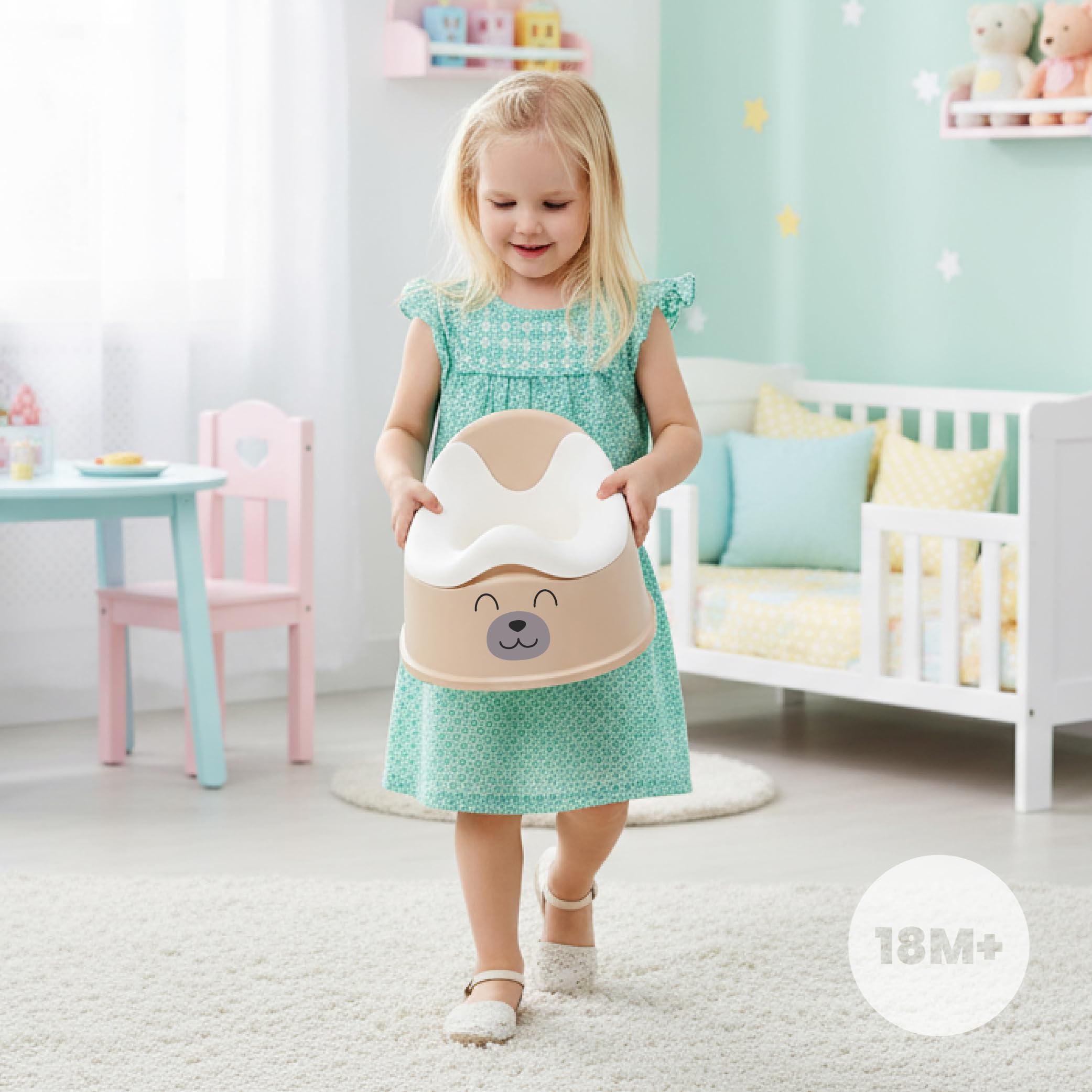 sun baby Nocnik dla dzieci 18-36 miesięcy, antypoślizgowe nóżki, ergonomiczne oparcie, wyjmowany wkład, tworzywo sztuczne, do 15 kg (Beżowo-Biały + Naklejka Miś)
