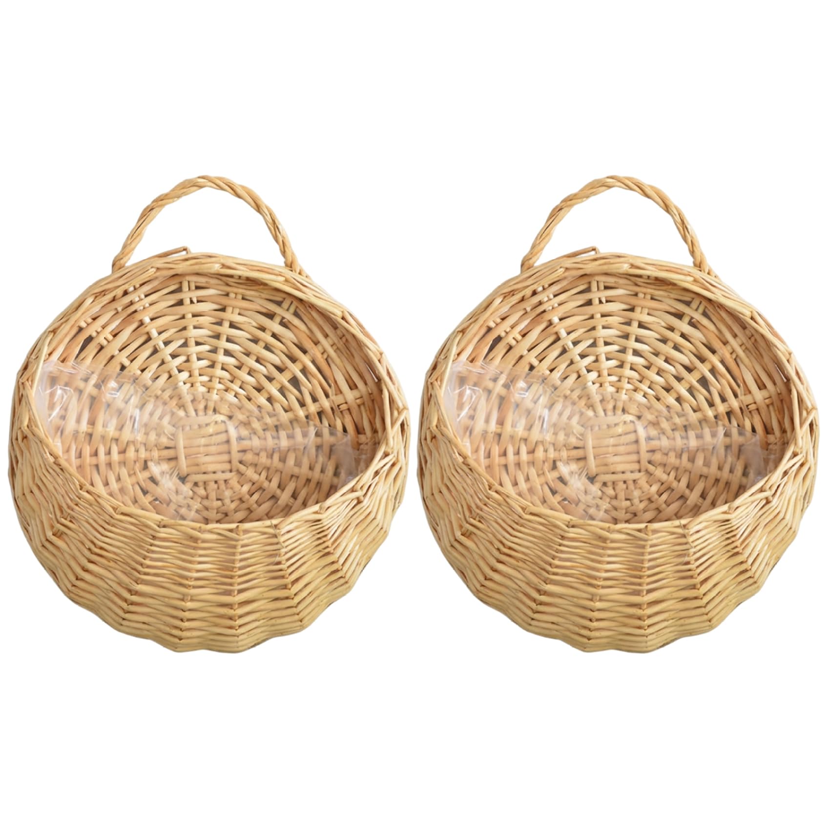 Striegro Beige Wicker Hanging Basket Set Of 2, Small Rattan Wall Basket For Plants, Rustic Rattan Hanging Planter With Plastic Liner For Indoor Outdoor Decor.