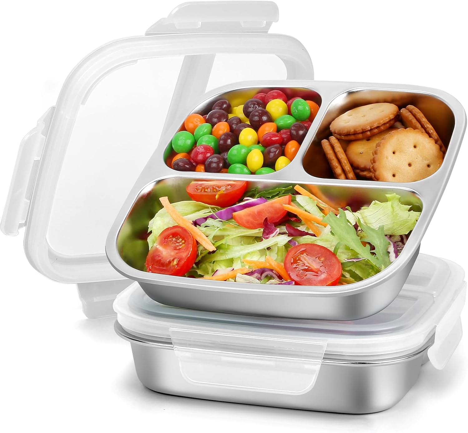 RAOOKIF 2 Pack Stainless Steel Snack Containers with Lids, 3-Compartment Leak-Proof Food Storage Containers, 20 oz Reusable Grab-and-Go Bento Box for School, Home, Office, and Camping, Dishwasher-Safe - Thumbnail 2
