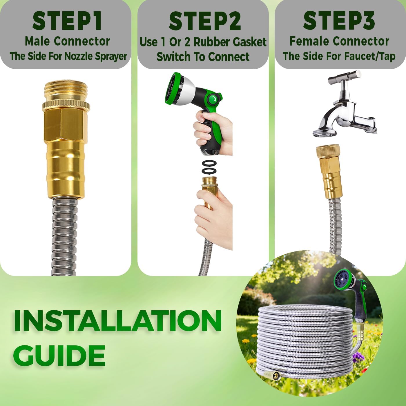 50FT Stainless Steel Metal Garden Hose - Kink-Proof & Tangle-Free, Includes 10-Pattern Spray Nozzle for Effortless Outdoor Watering and Cleaning