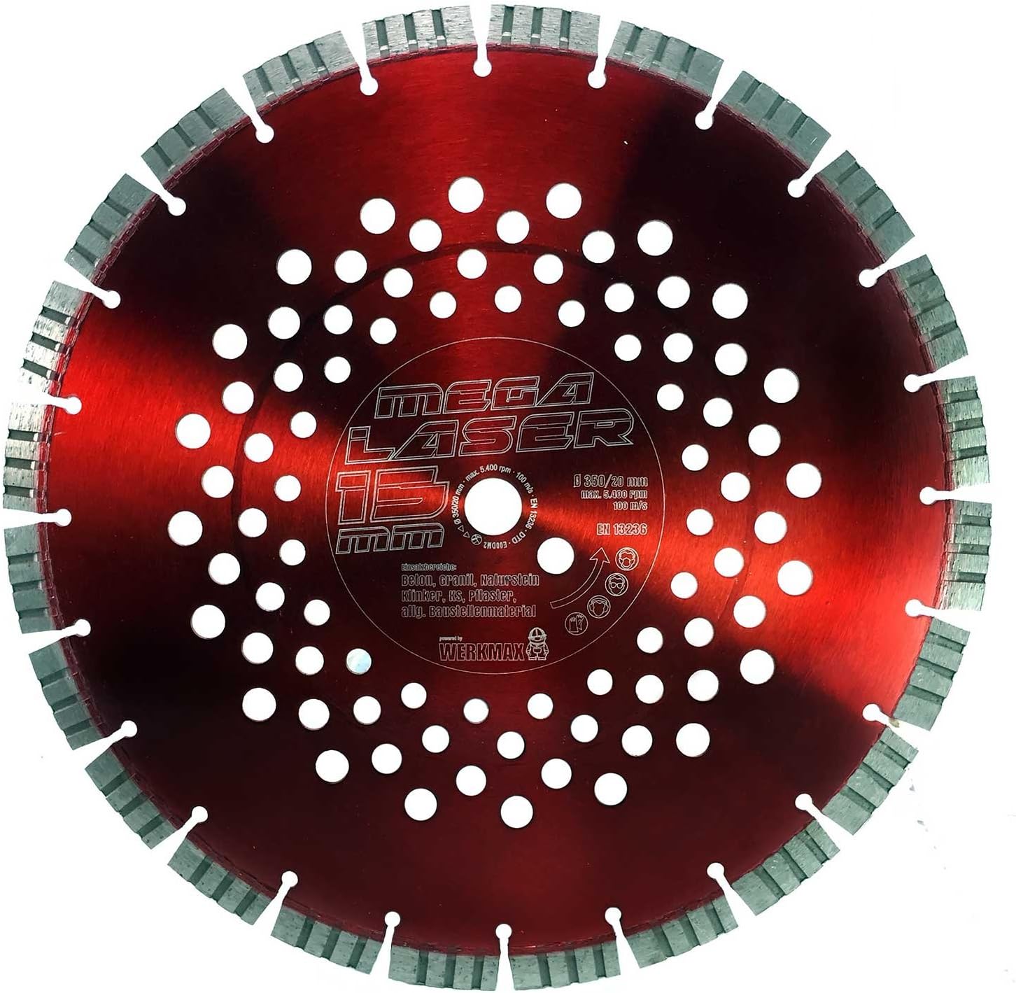 WERKMAX Original Mega Laser Diamond Cutting Disc 15 mm Turbo Segment Diameter 350 mm / 20.0 mm Diamond Disc