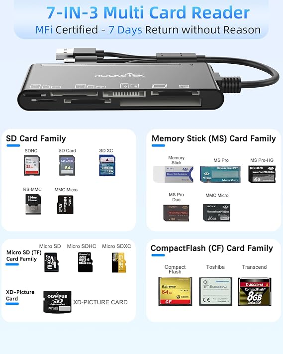 Memory Card Reader,7in1 USB-A/USB-C/Lightning to MS/XD/CF/SD/TF Card Reader