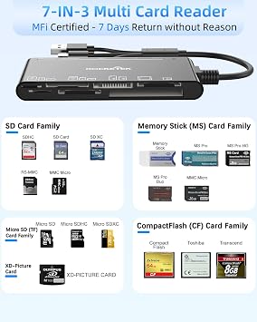 Memory Card Reader,7in1 USB-A/USB-C/Lightning to MS/XD/CF/SD/TF Card Reader
