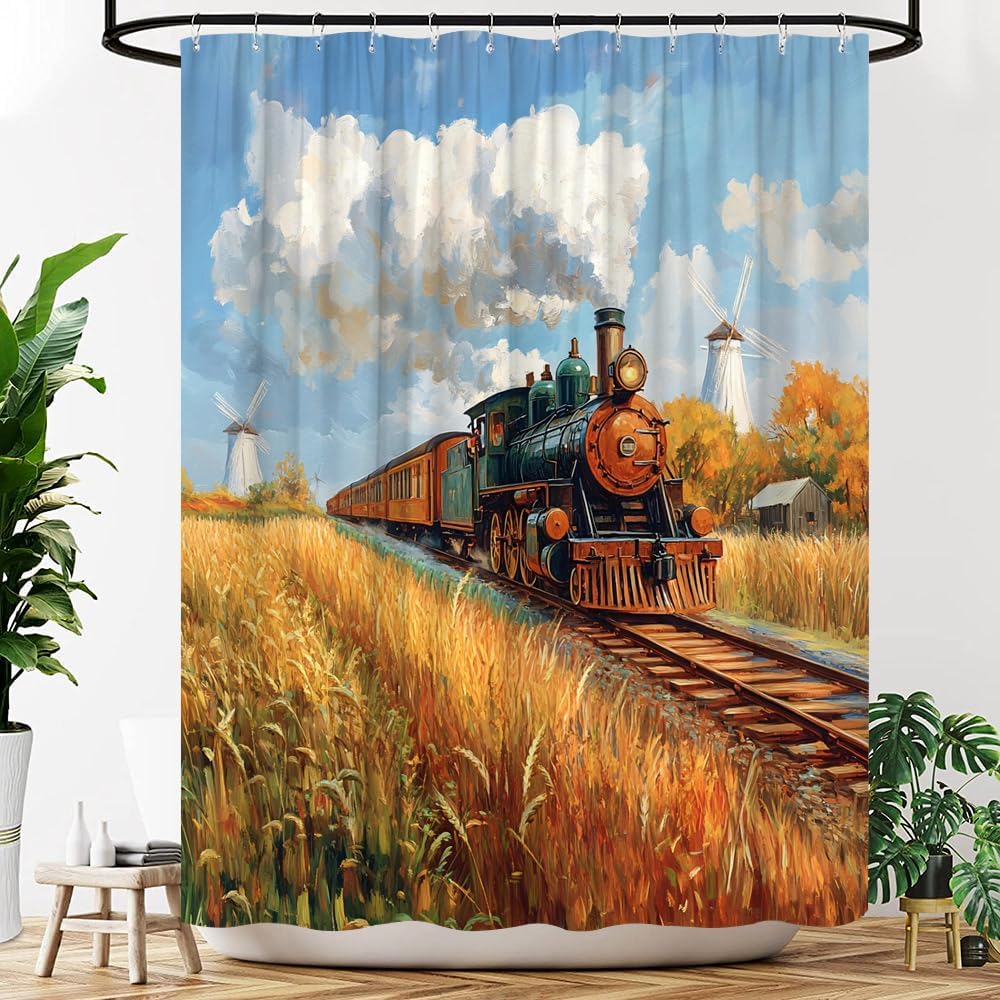 Retro Steam Train Shower Curtain Vintage Railway Fall Autumn Country Rustic Nature Scenery Oil Painting Fabric Bathroom Decor Curtains with Hooks, 70" Wx84 H