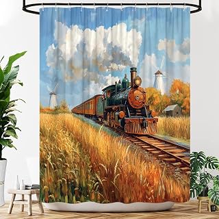 Retro Steam Train Shower Curtain Vintage Railway Fall Autumn Country Rustic Nature Scenery Oil Painting Fabric Bathroom Decor Curtains with Hooks, 70" Wx70 H