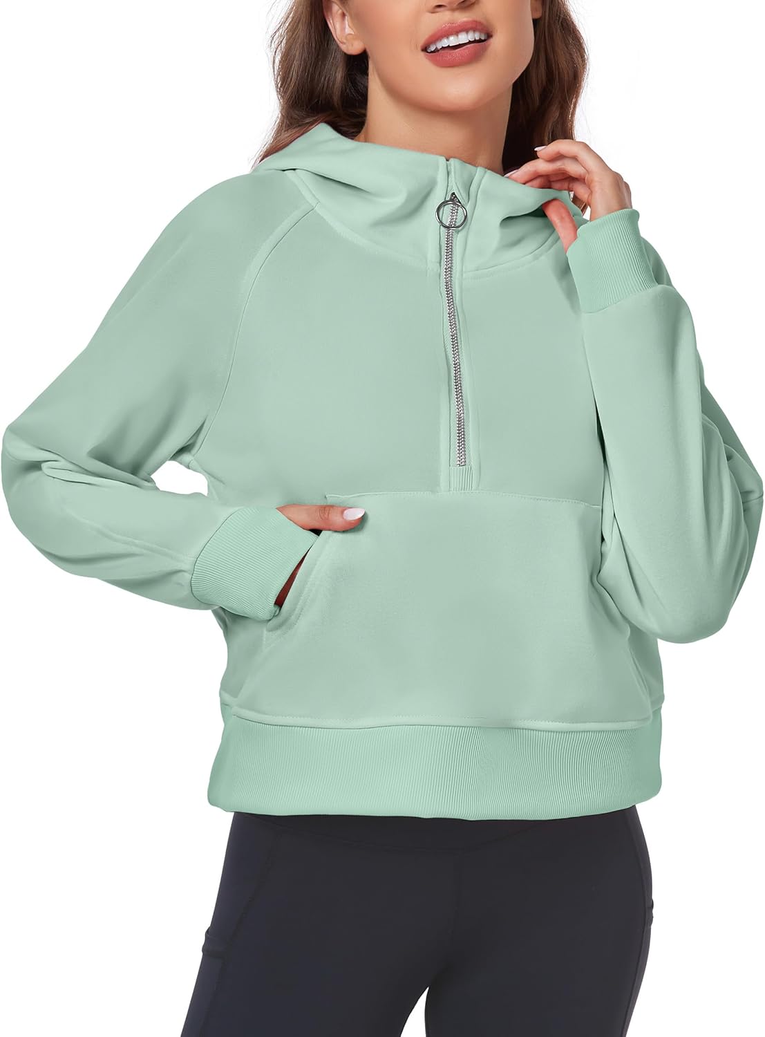 FKEEP Womens Half Zip Hoodies Quarter Zipper Up Cropped Sweatshirt Long Sleeve Athletic Pullover Tops with Thumb Hole - Image 2