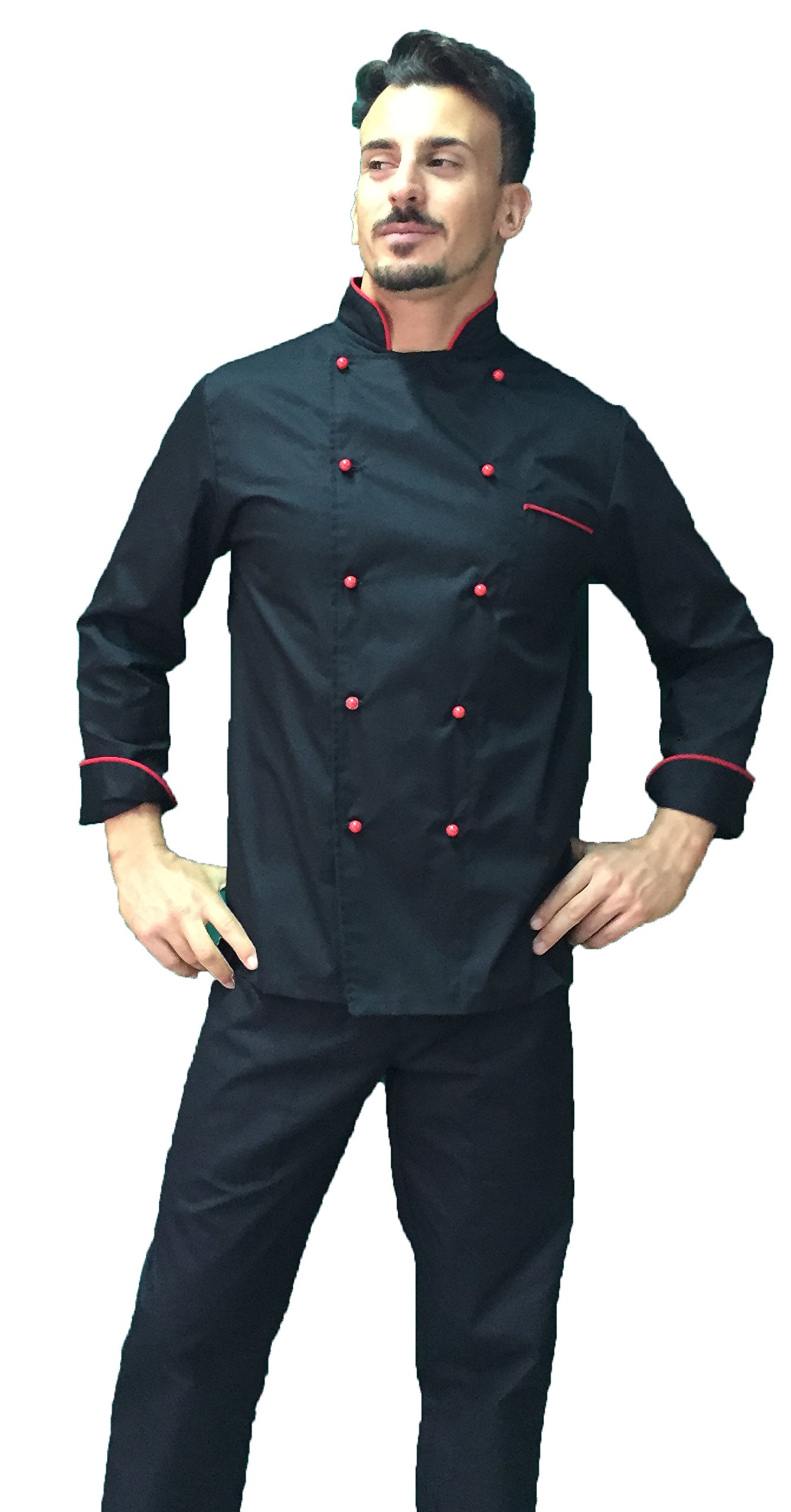tessile astorino Ricamo Gratuito - Completo Cuoco Uomo - Divisa Chef - Nero e Rosso - Giacca, Pantaloni e Grembiule - 100% Cotone - Uniforme per Cucina e Ristorante (XS)