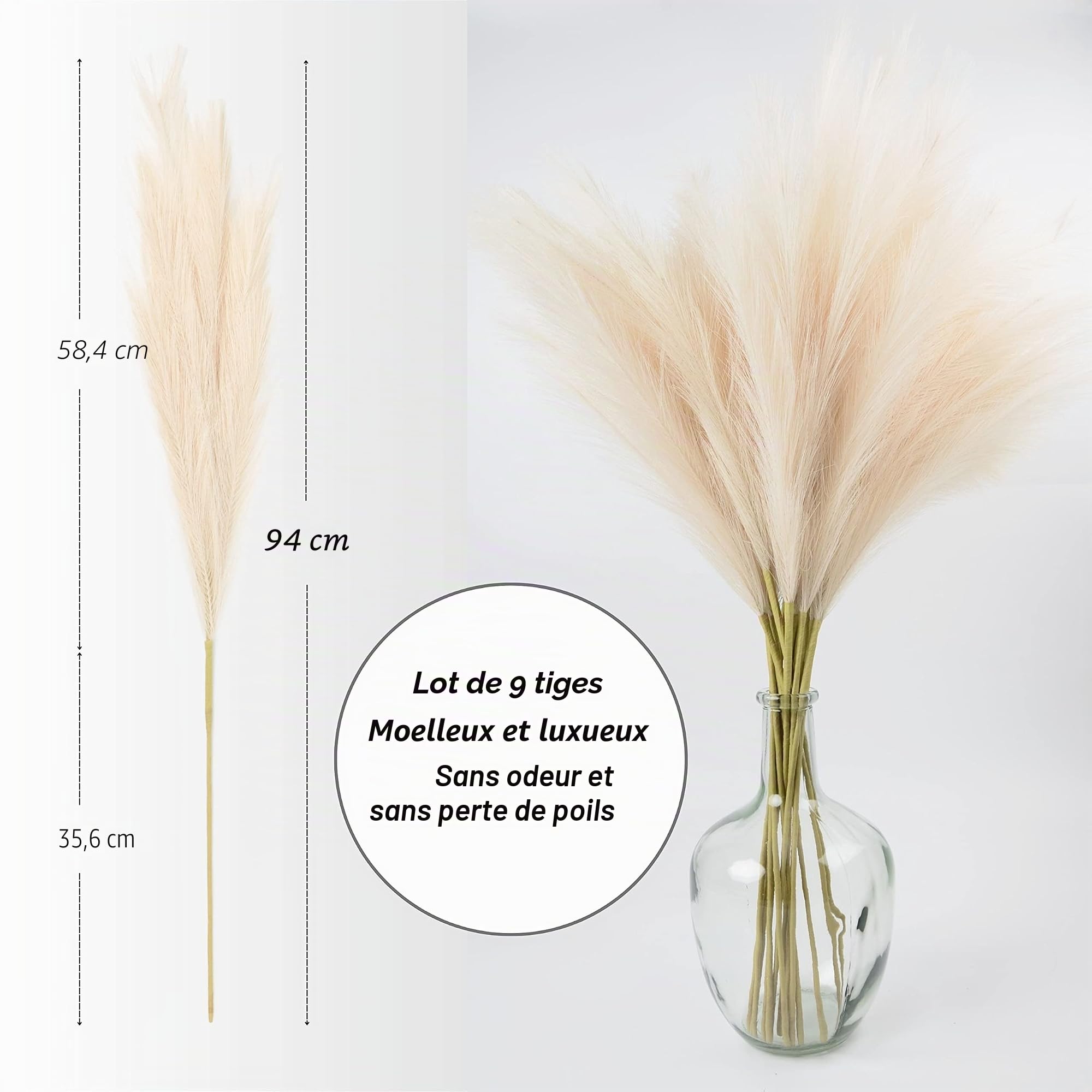 Lot de 9 Grandes Branches de Pampa artificielles pelucheuses pour Vase de Sol, décoration de Mariage, Style bohème, Ferme, Chambre de Mariage, 94 cm de Haut, 94 cm de Haut (Ivoire)