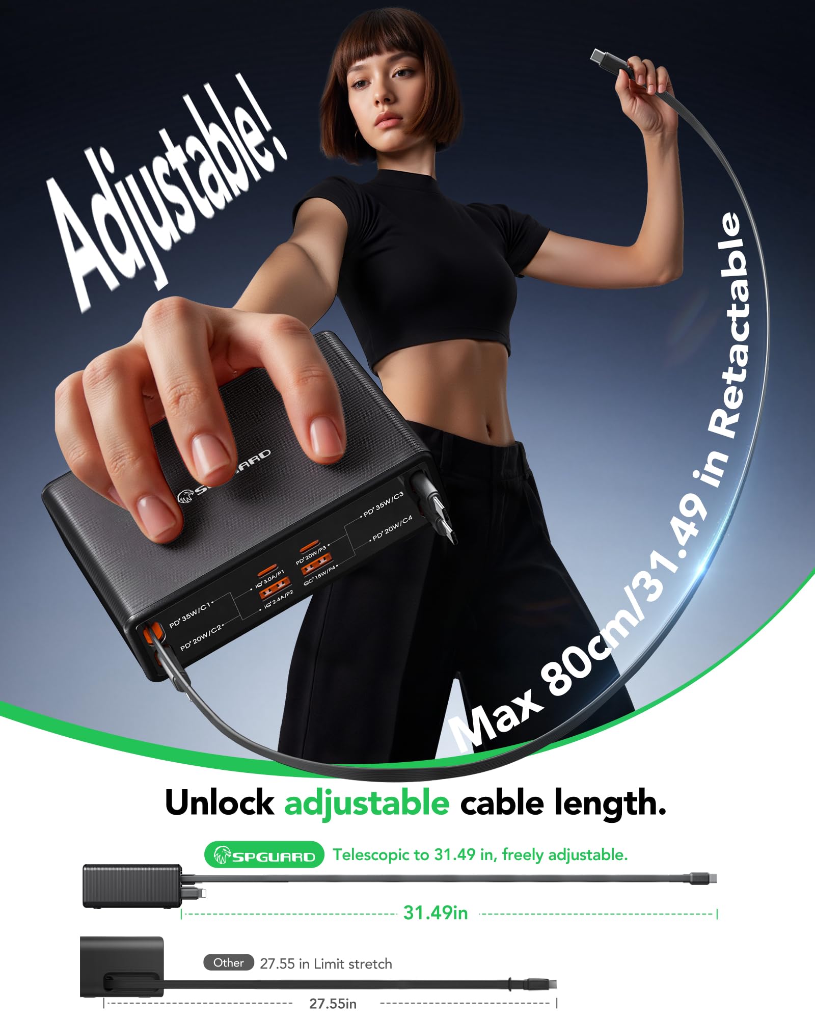 GaN Chowana ładowarka USB C 8 w 1, stacja ładująca 105 W, z 4 chowanymi kablami do ładowania, stacja ładująca USB GaN, wiele urządzeń, kompatybilna z iPhone 17 Pro/17/16/15/14/iPad/MacBook/Galaxy