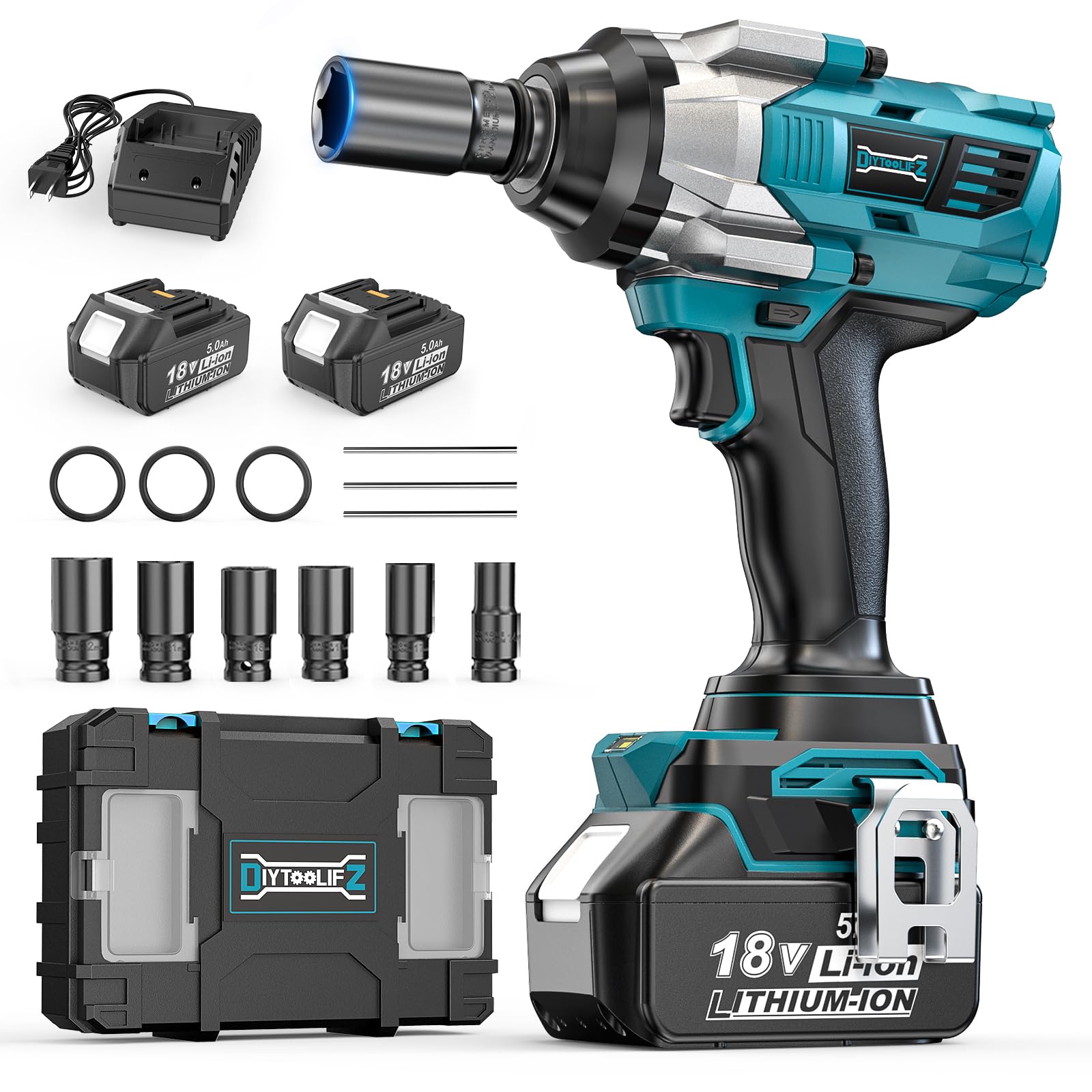 DIYtoolifz Cordless Impact Wrench 1/2" Compatible with Makita 18V Battery, 1000Ft-lbs (1360N.m) Brushless High Torque Impact Gun, Impact Driver for Car Truck Mower, with 2x5.0AH Battery &amp; 6 Sockets