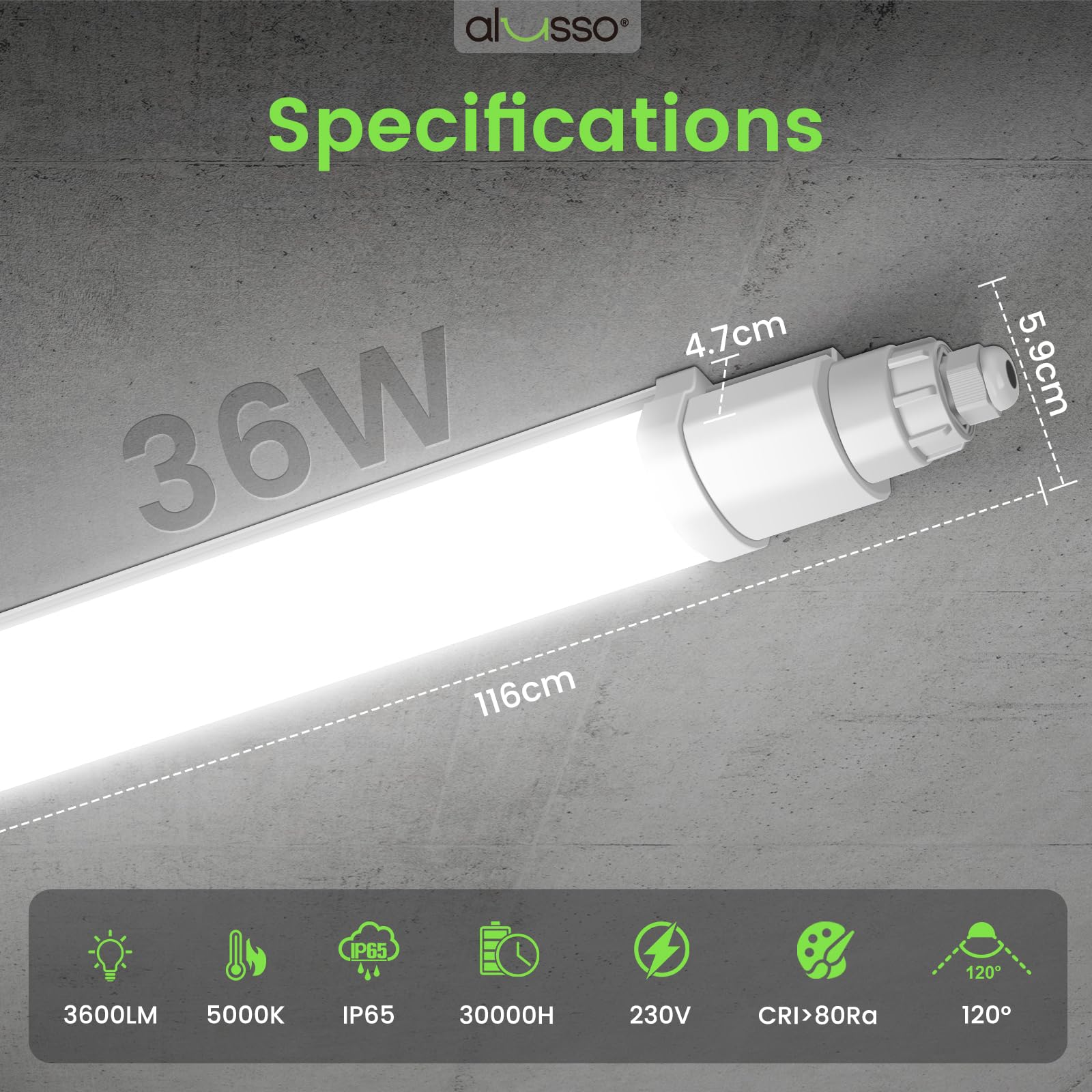 ALUSSO 2 Stück LED Feuchtraumleuchte 116CM, 36W 3600LM LED Röhre, Neutralweiß 5000K Kellerlampe, IP65 Wasserfest Werkstattlampe für Garage, Keller, Werkstatt, Feuchtraum, Bad,Büro, Warenhaus