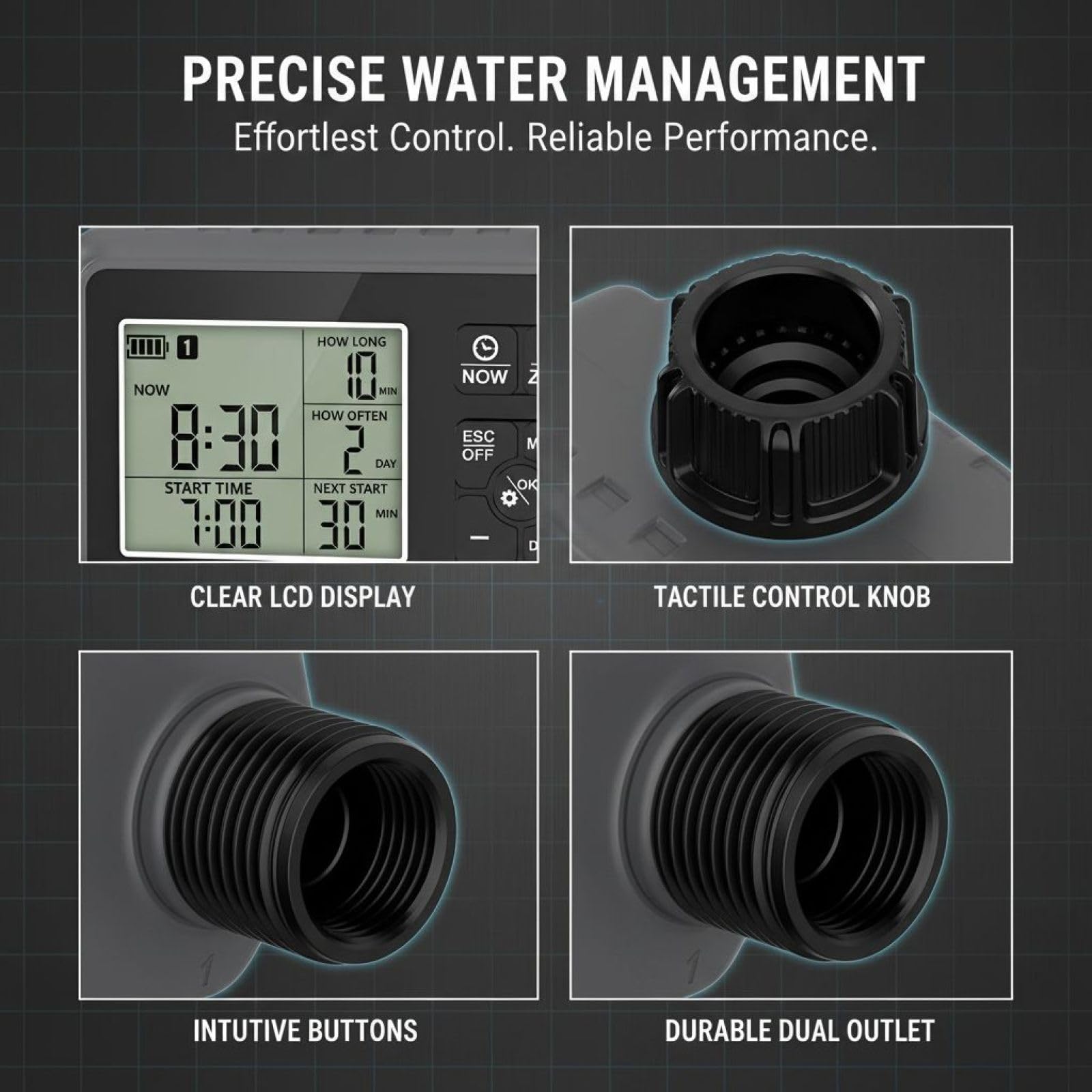 Timer intelligente per irrigazione a doppia uscita, con display LCD, durata da 1 a 360 minuti, timer per tubo dell'acqua ABS, 2 uscite con ritardo della pioggia, avvio e arresto automatici